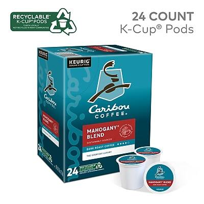 RECYCLABLE K-CUP® PODS  
24 COUNT K-Cup® Pods  
KEURIG®  
Caribou Coffee  
MAHOGANY BLEND  
Sustainably Sourced  
Dark Roast Coffee  
The Everyman's Coffee  
24 Count