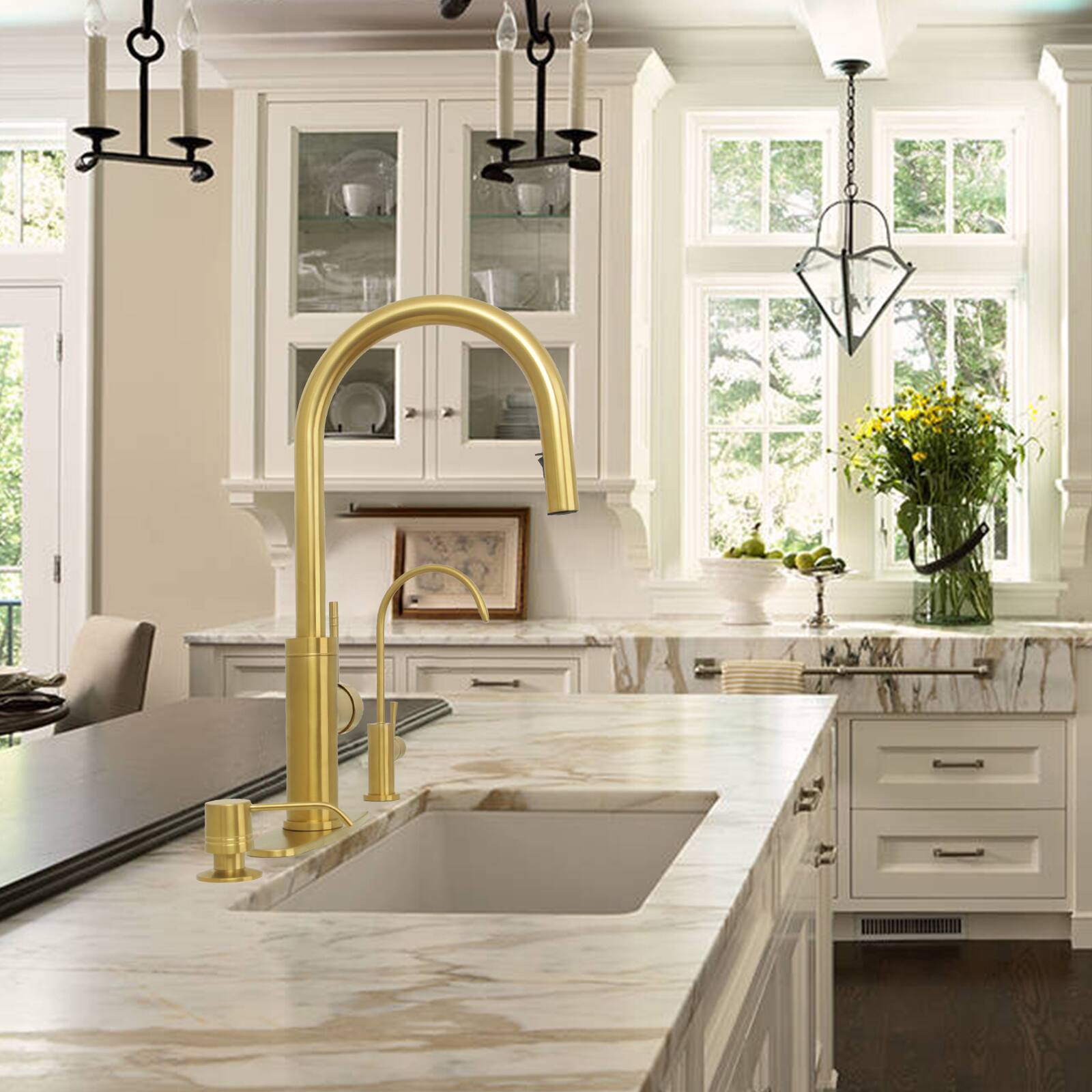 Alt View 7. Akicon - Akicon Single Handle Solid Brass Kitchen Faucet with Pull Down Sprayer in Brushed Gold - Brushed Gold.