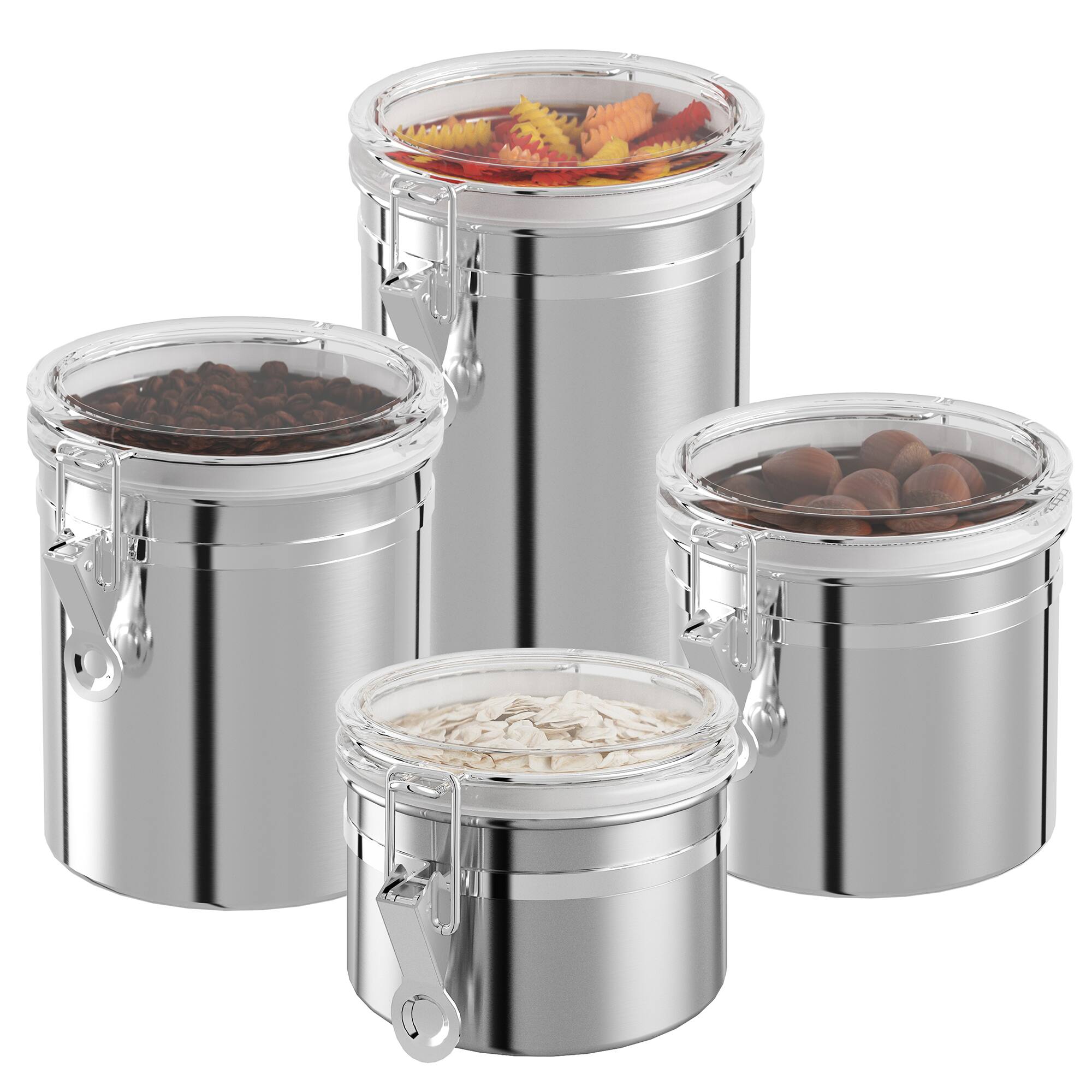 Angle. Malletson - 4 Piece Stainless Steel Canister Set, Airtight Coffee Container Tea Organizer & Sugar Canister, Kitchen - Sliver.