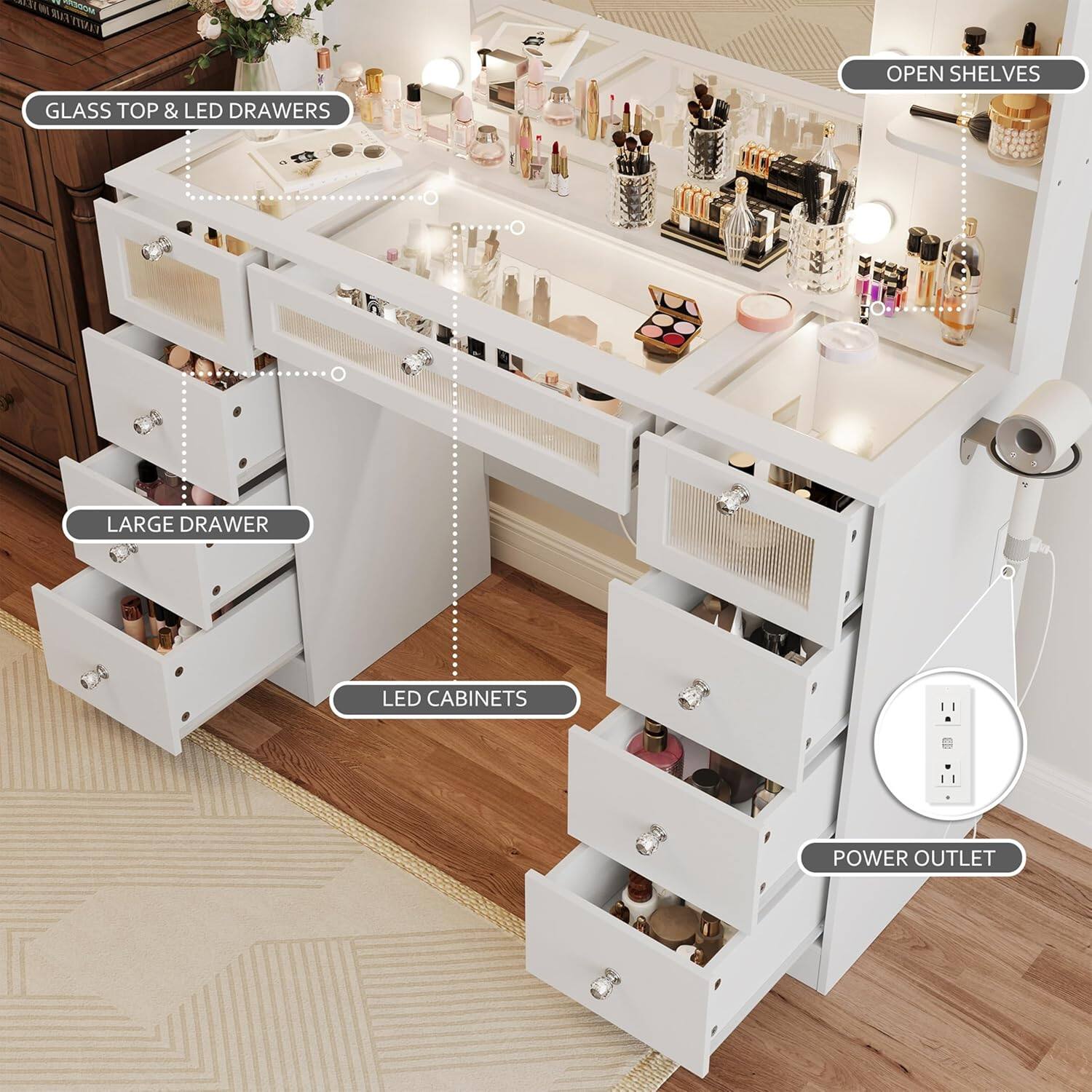 - Glass Top & LED Drawers
- Open Shelves
- Large Drawer
- LED Cabinets
- Power Outlet