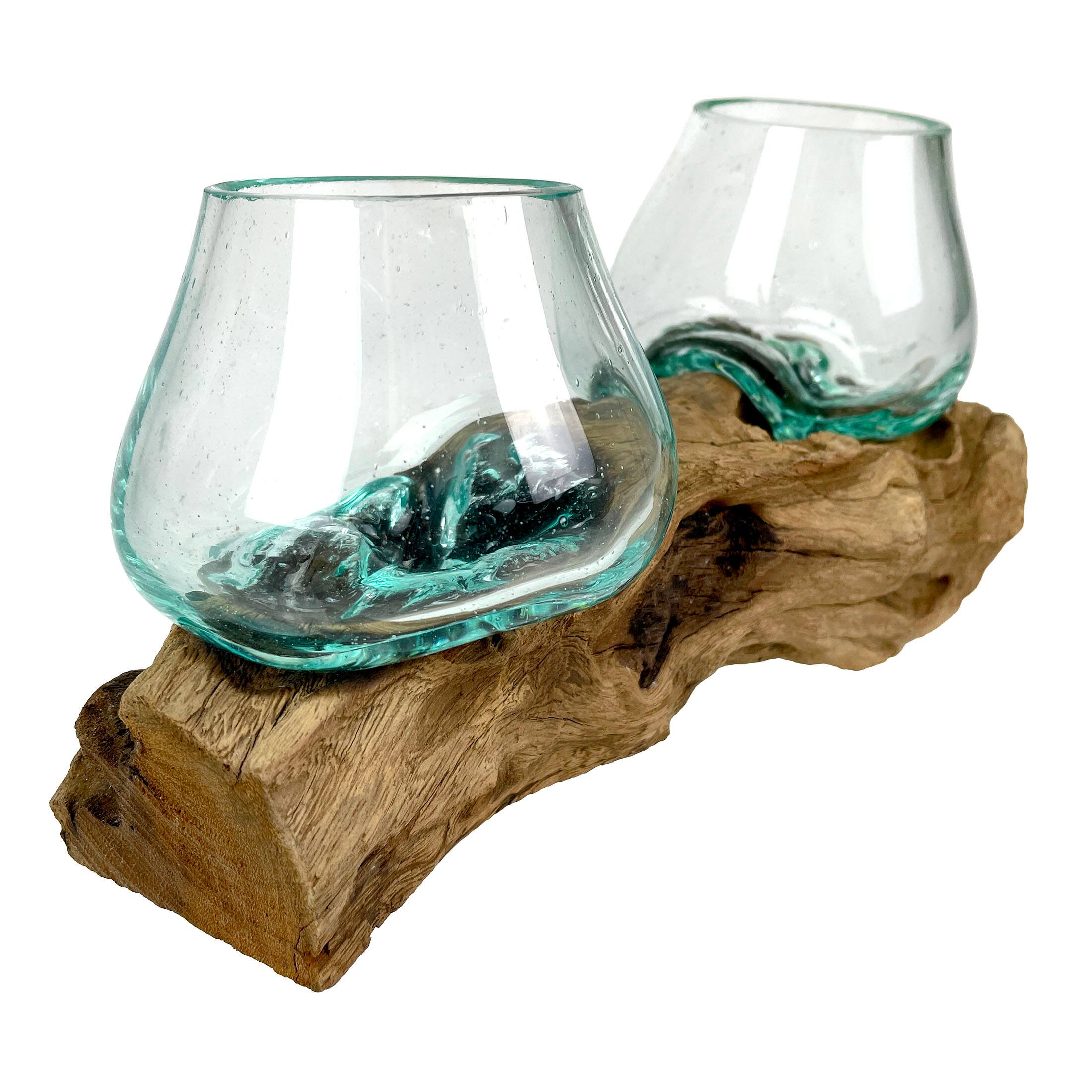 Alt View 8. Things2Die4 - 10.5" Double Molten Glass Bowls on Driftwood Hand Blown Planter Terrarium Decor - Natural.