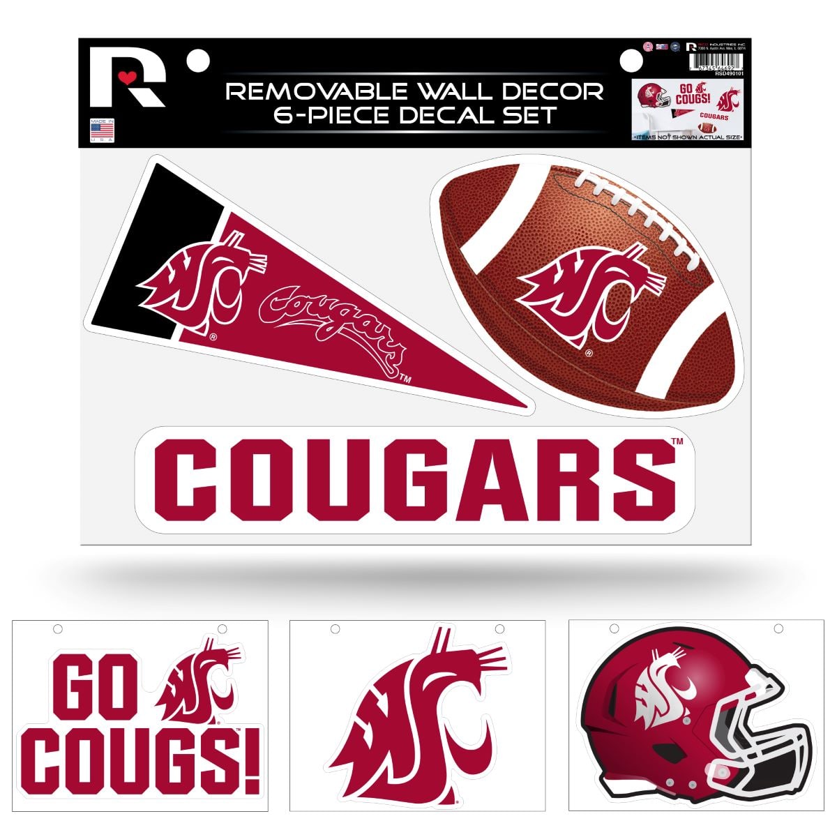 Rico Industries - Washington State Cougars (Set of 6) Individual Easy Peel Die-Cut Decal Stickers - Remove - Re-organize - Re-apply - Multi