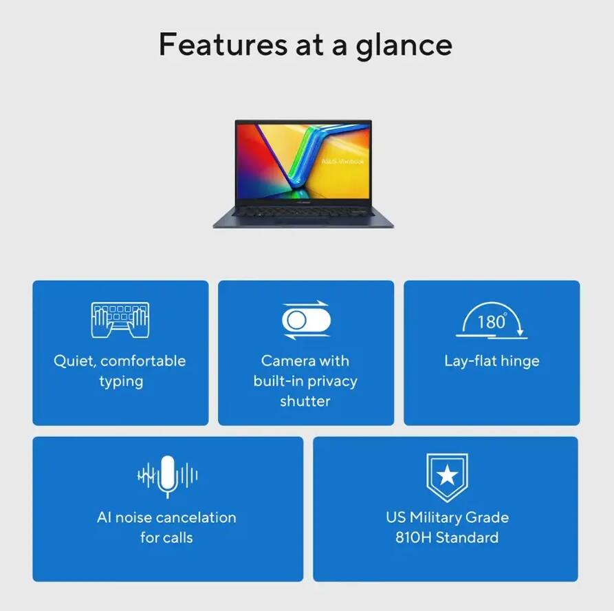 Features at a glance

- Quiet, comfortable typing
- Camera with built-in privacy shutter
- Lay-flat hinge
- AI noise cancellation for calls
- US Military Grade 810H Standard