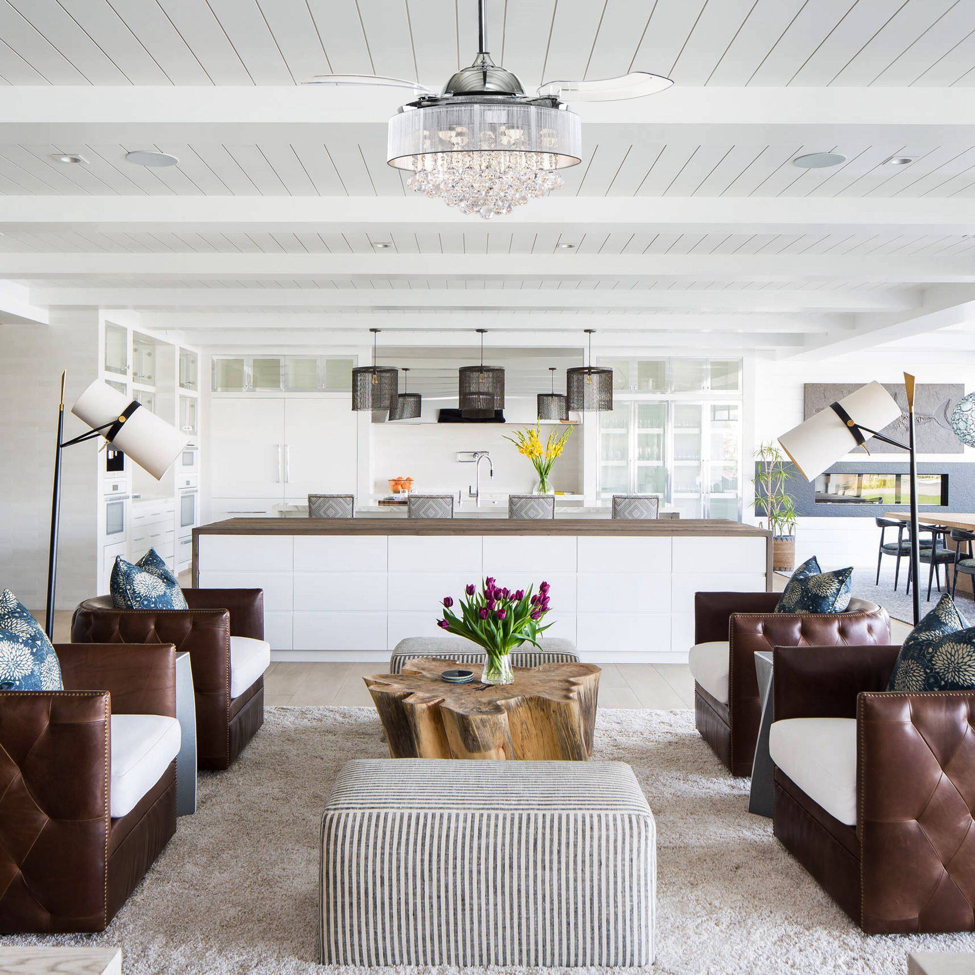 Left. Parrot Uncle - 42" Crystal Smart Fandelier Ceiling Fan with Light and Remote, App Control, Voice Control - Chrome.