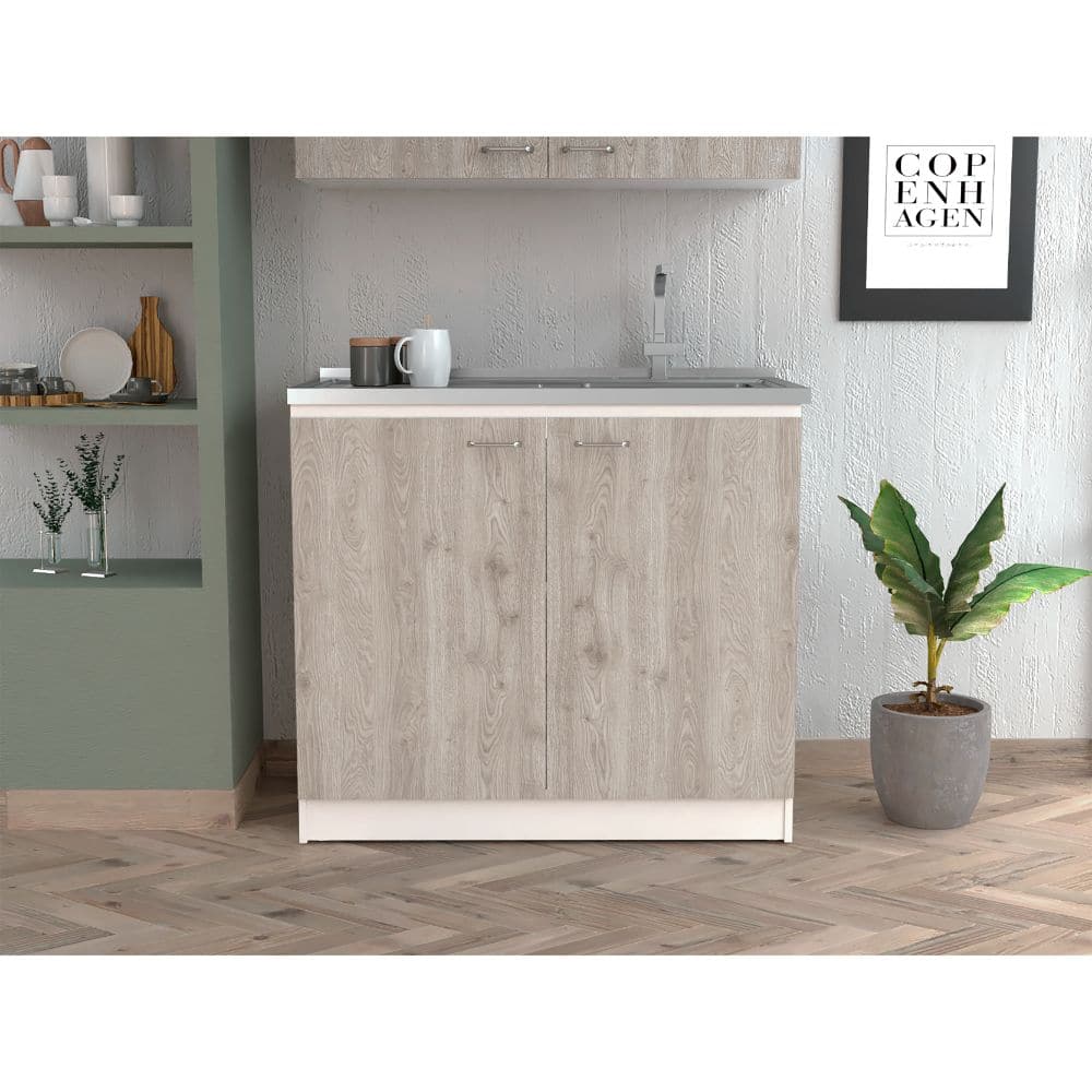 Napoles Smokey Oak Light Gray Utility Sink with Cabinet 1 Shelf Double Door