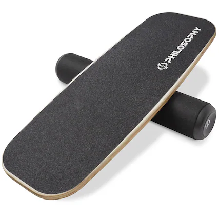 Front. Philosophy Gym - Balance Board - Wooden Balance Trainer with Adjustable Stoppers - Black.