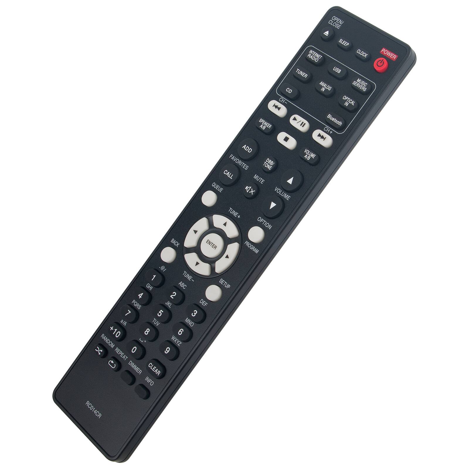 Sure, here is the corrected and grouped text from the image:

**Top Section:**
- OPEN CLOSE
- SLEEP
- CLOCK
- POWER

**Middle Section:**
- INTERNET RADIO
- CD
- AM/FM
- OPTICAL IN
- USB
- SPEAKER
- Bluetooth
- ADD
- FAVORITES
- TUNE+
- TUNE-
- VOLUME
- MUTE
- QUEUE
- CALL
- TONE
- BACK
- ENTER
- PROGRAM
- SETUP
- ABC
- DEF
- GHI
- JKL
- MNO
- PQR
- STU
- VWXYZ
- 1
- 2
- 3
- 4
- 5
- 6
- 7
- 8
- 9
- 0
- RANDOM
- REPEAT
- DIMMER
- CLEAR
- INFO

**Bottom Section:**
- RC014CR