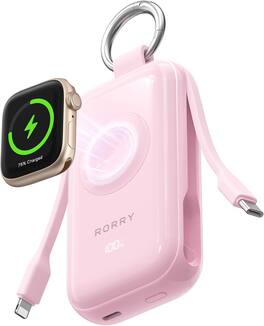 RORRY - CharmGo Pro 10000mAh 45W Power Bank with Built-in Cables, 3-in-1 Charger for iPhone, Apple Watch, iPad, MacBook - Pink