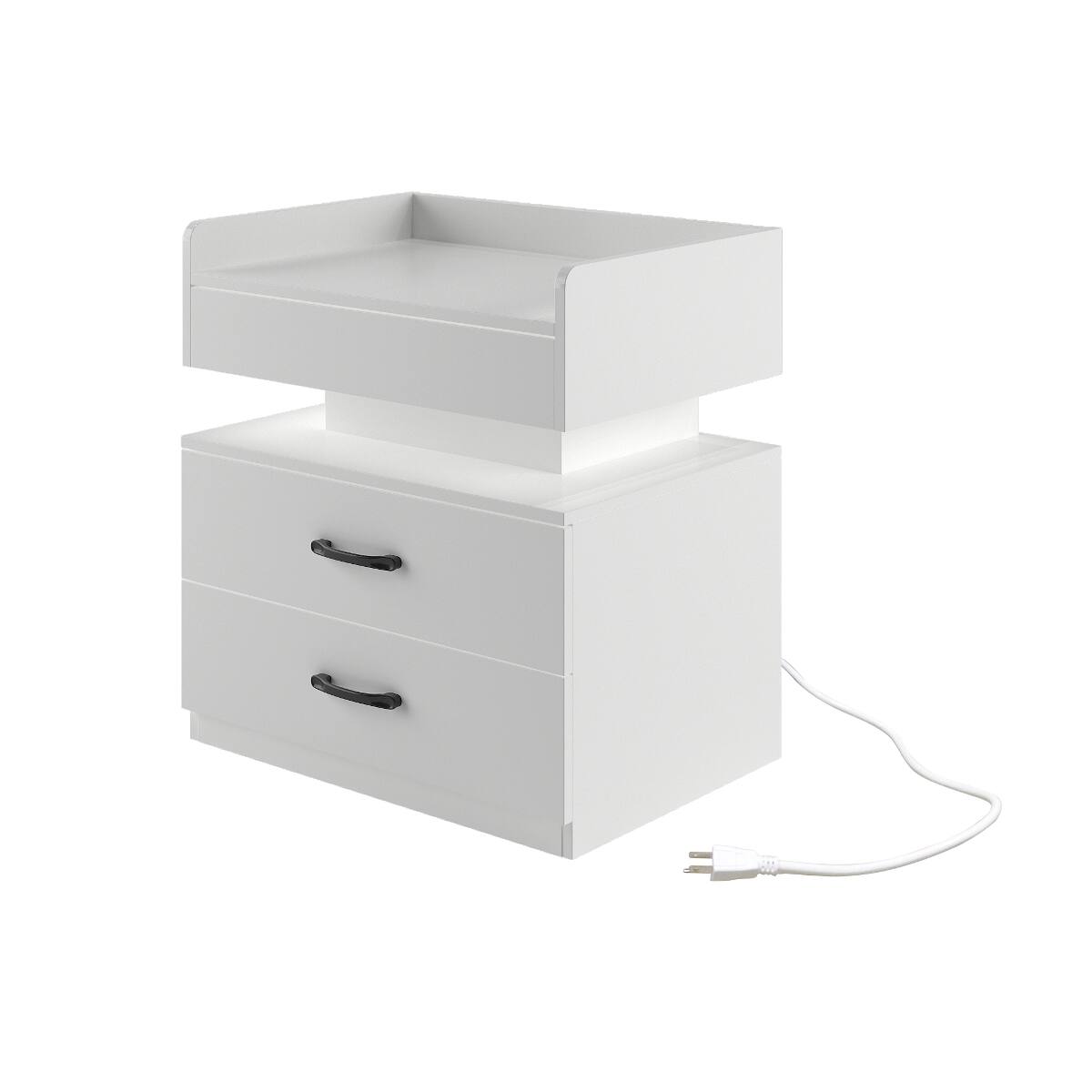 Alt View 4. Loheer - Loheer White Nightstand with Adjustable LED Strip Light, Two Drawer Bedside Table - White.