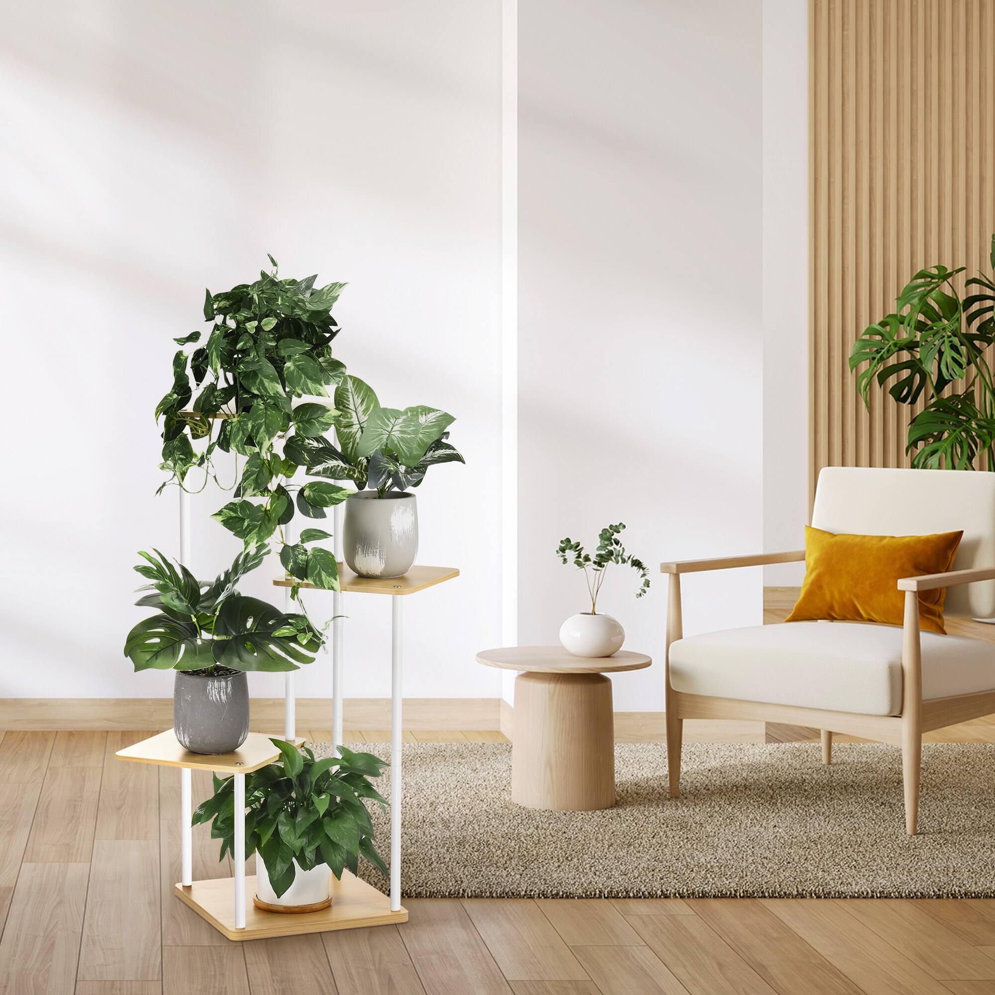 Alt View 6. Unique Bargains - 4 Tier Plant Stand Indoor Outdoor, Wood Metal Corner Shelf, Multiple Flower Pot Rack Shelves, Planter Display Organizer - Whiite.