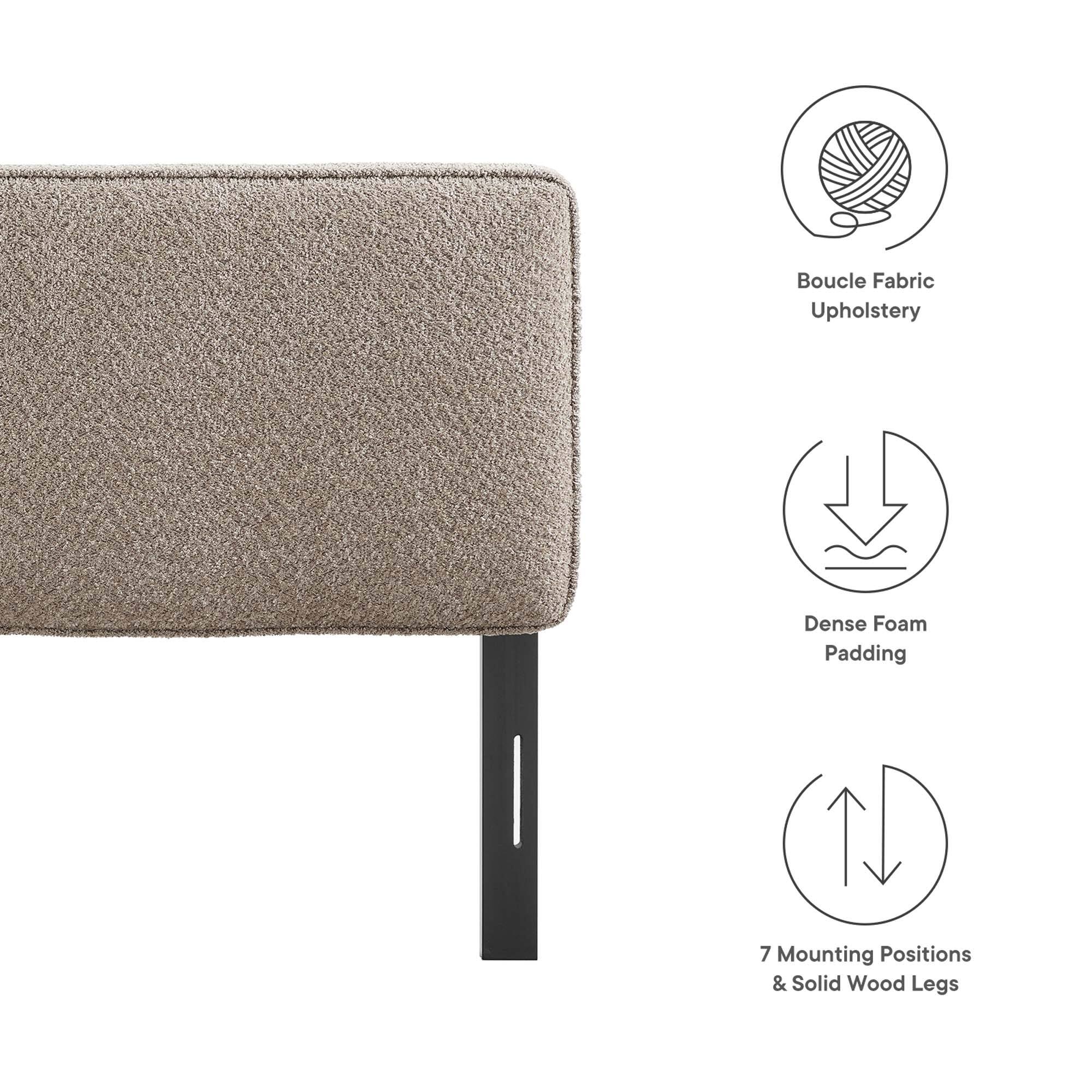 - Boucle Fabric Upholstery
- Dense Foam Padding
- 7 Mounting Positions & Solid Wood Legs