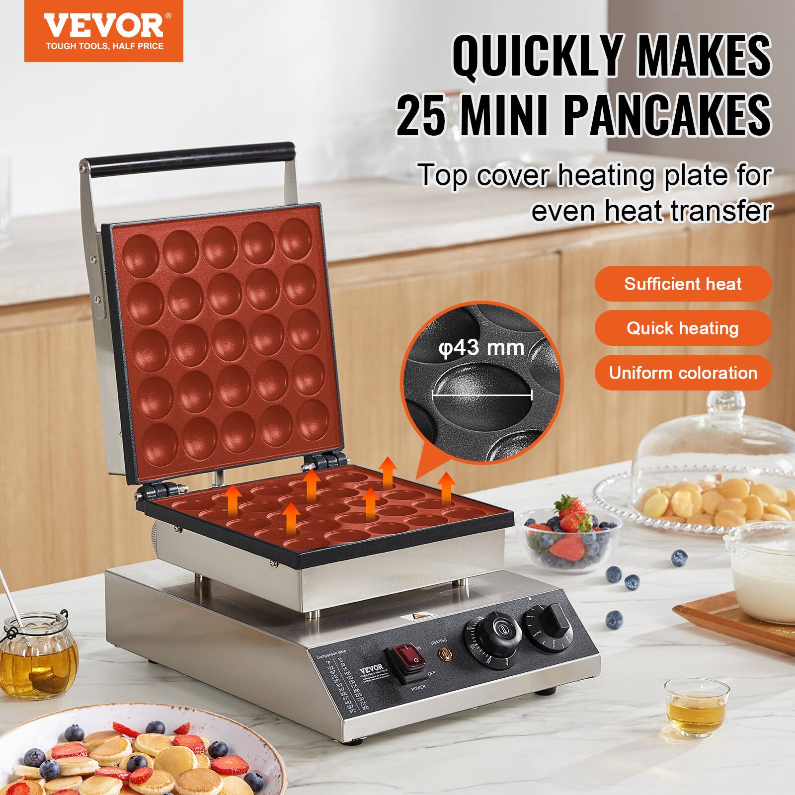 VEVOR TOUGH TOOLS, HALF PRICE

QUICKLY MAKES 25 MINI PANCAKES
Top cover heating plate for even heat transfer

Sufficient heat
43 mm
Quick heating
Uniform coloration

VEVOR ************
VICKING DV POWER