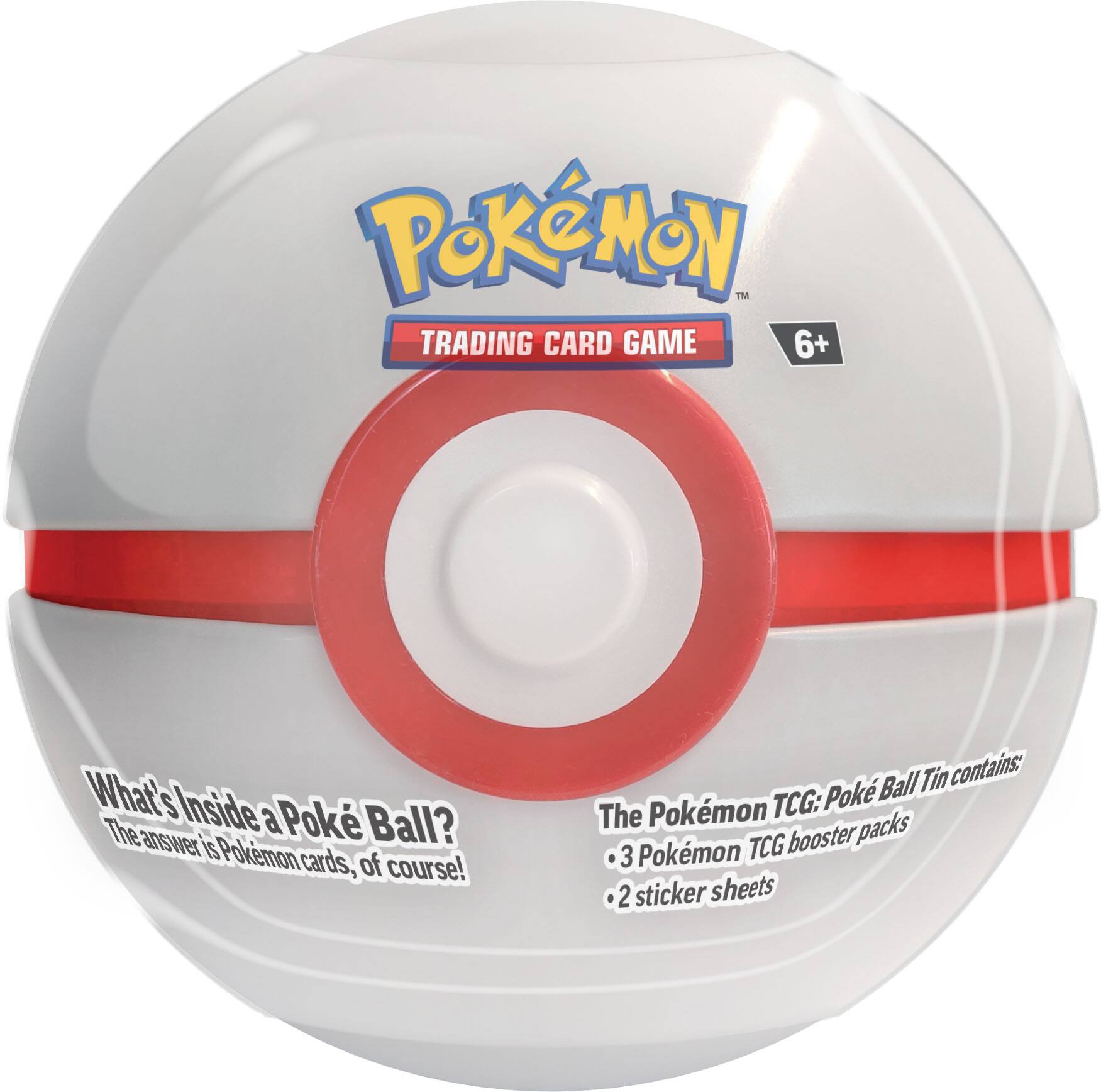 Pokémon™ Trading Card Game  
6+  

What's Inside a Pokémon Ball?  
The answer is Pokémon cards, of course!  

The Pokémon TCG: Pokémon Ball Tin contains:  
• 3 Pokémon TCG booster packs  
• 2 sticker sheets