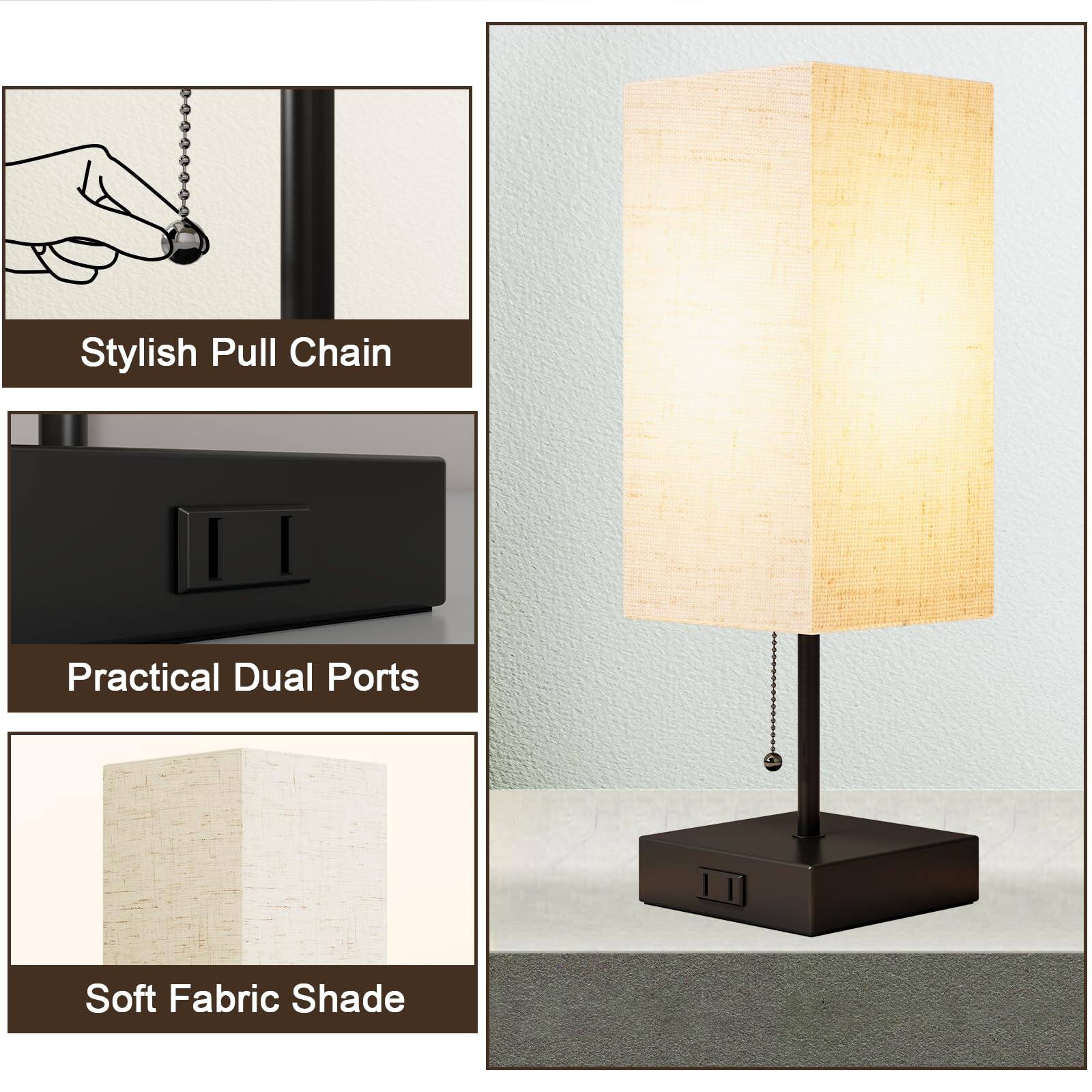 Stylish Pull Chain  
Practical Dual Ports  
Soft Fabric Shade