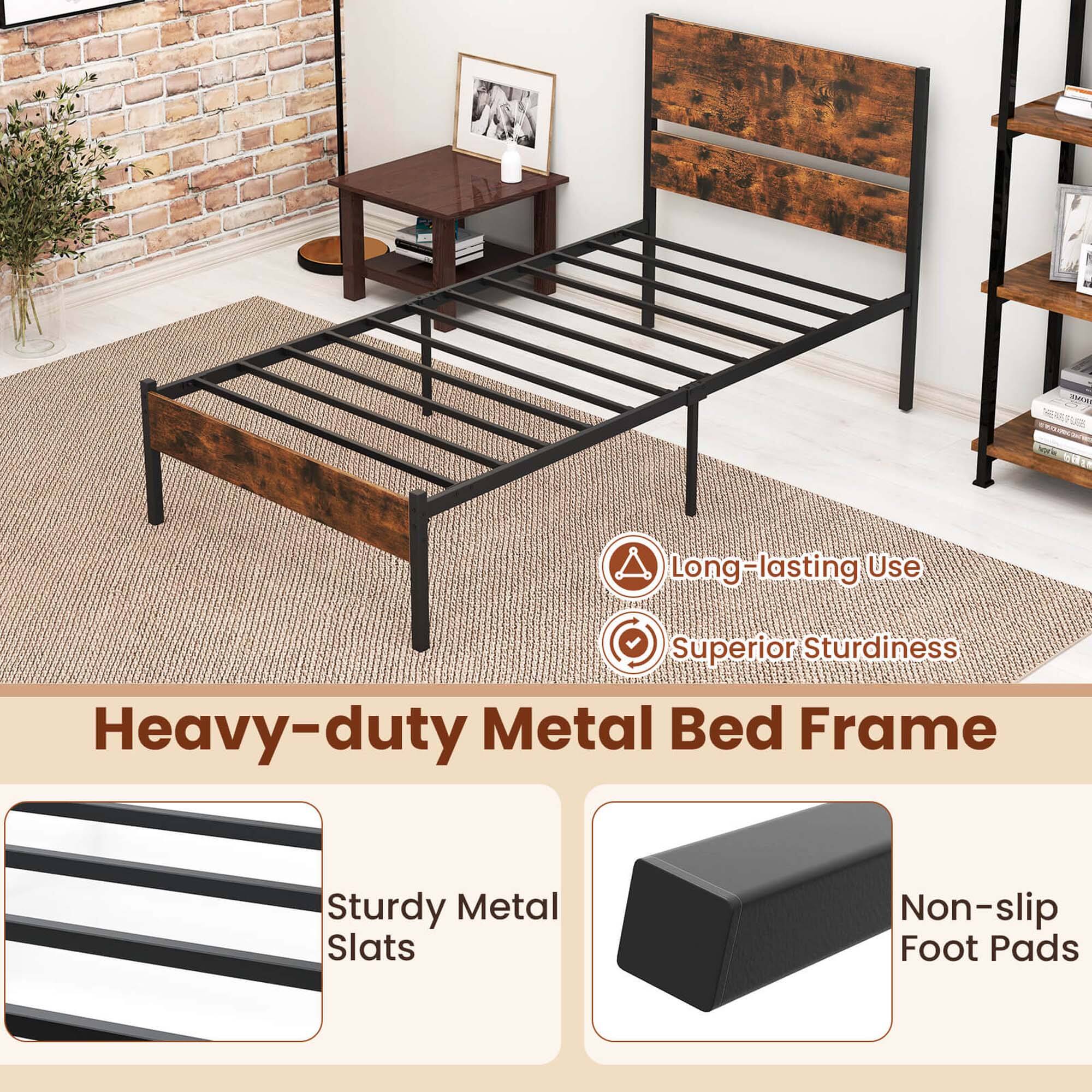 Heavy-duty Metal Bed Frame

- Long-lasting Use
- Superior Sturdiness
- Sturdy Metal Slats
- Non-slip Foot Pads