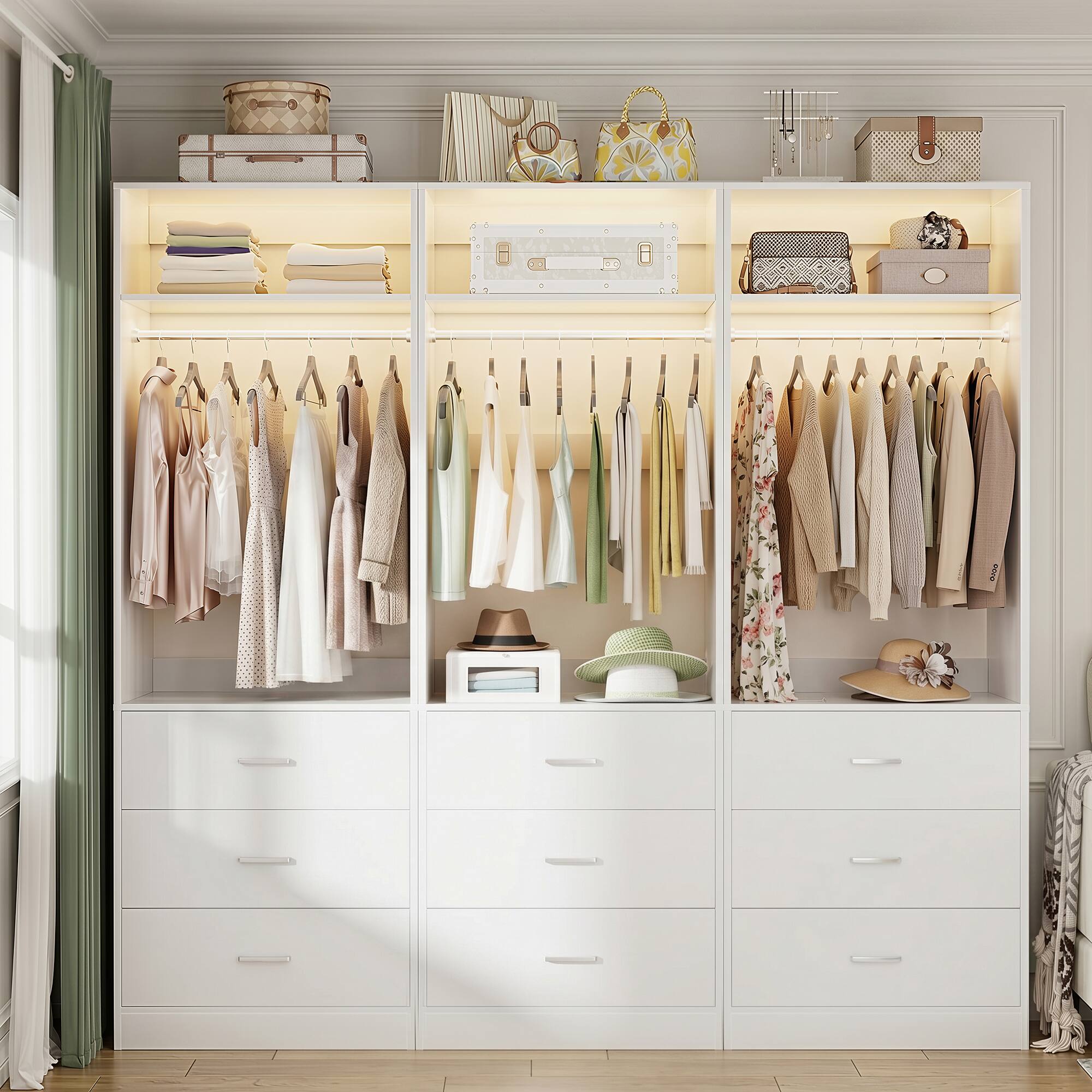 Left. Aheaplus - 3-Pack Freestanding Closet System with Drawers, Shelves and Hanging Rod - 24"L x 15"W x 80"H,Ships in 3 packages - White.