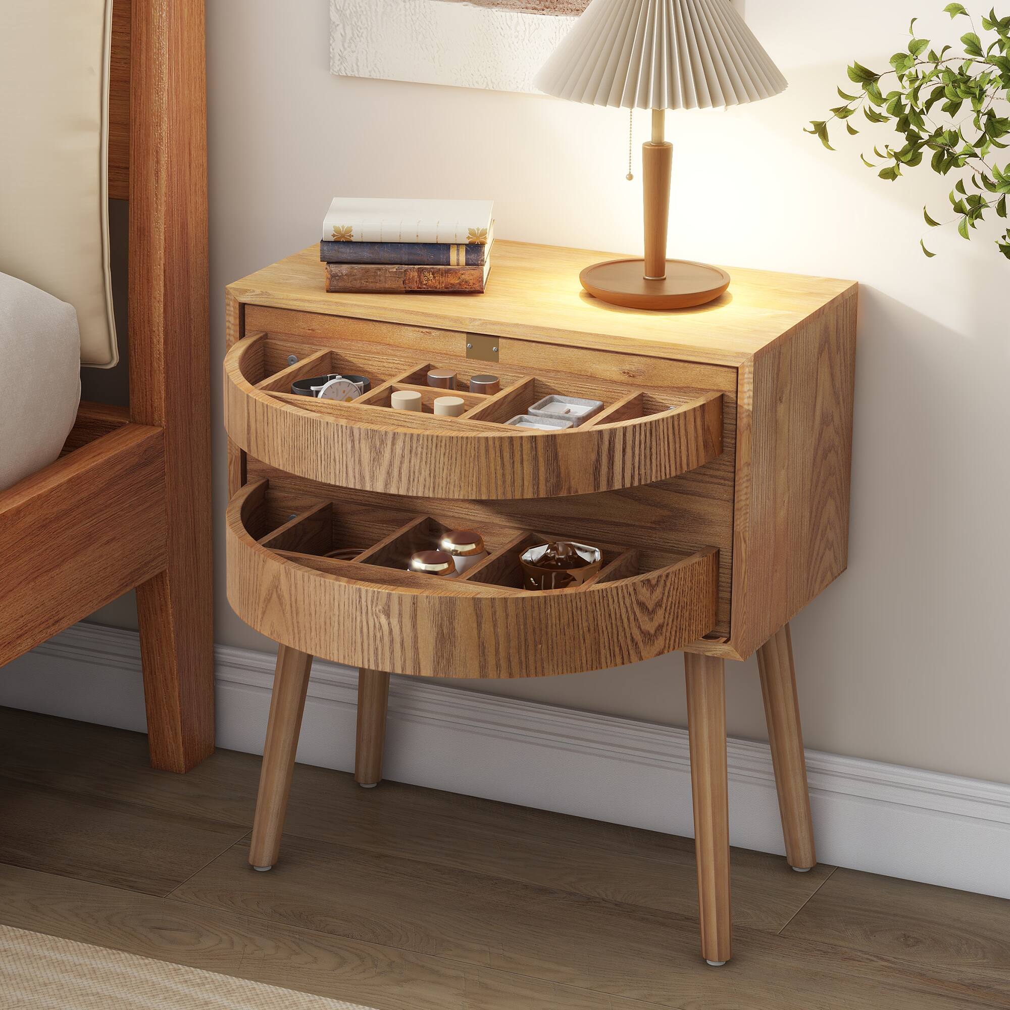 Front. Whisen - Rotating Nightstand with Hidden Compartments, Rattan Bedside Table and Storage End Table - Natural.