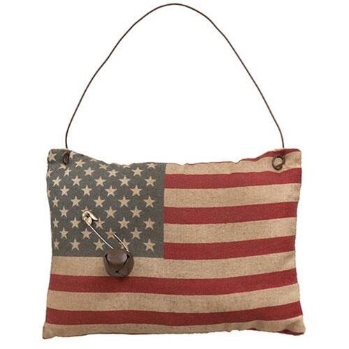 Front. BreeBe - Primitive Flag Pillow Ornament - Red, White, Blue.