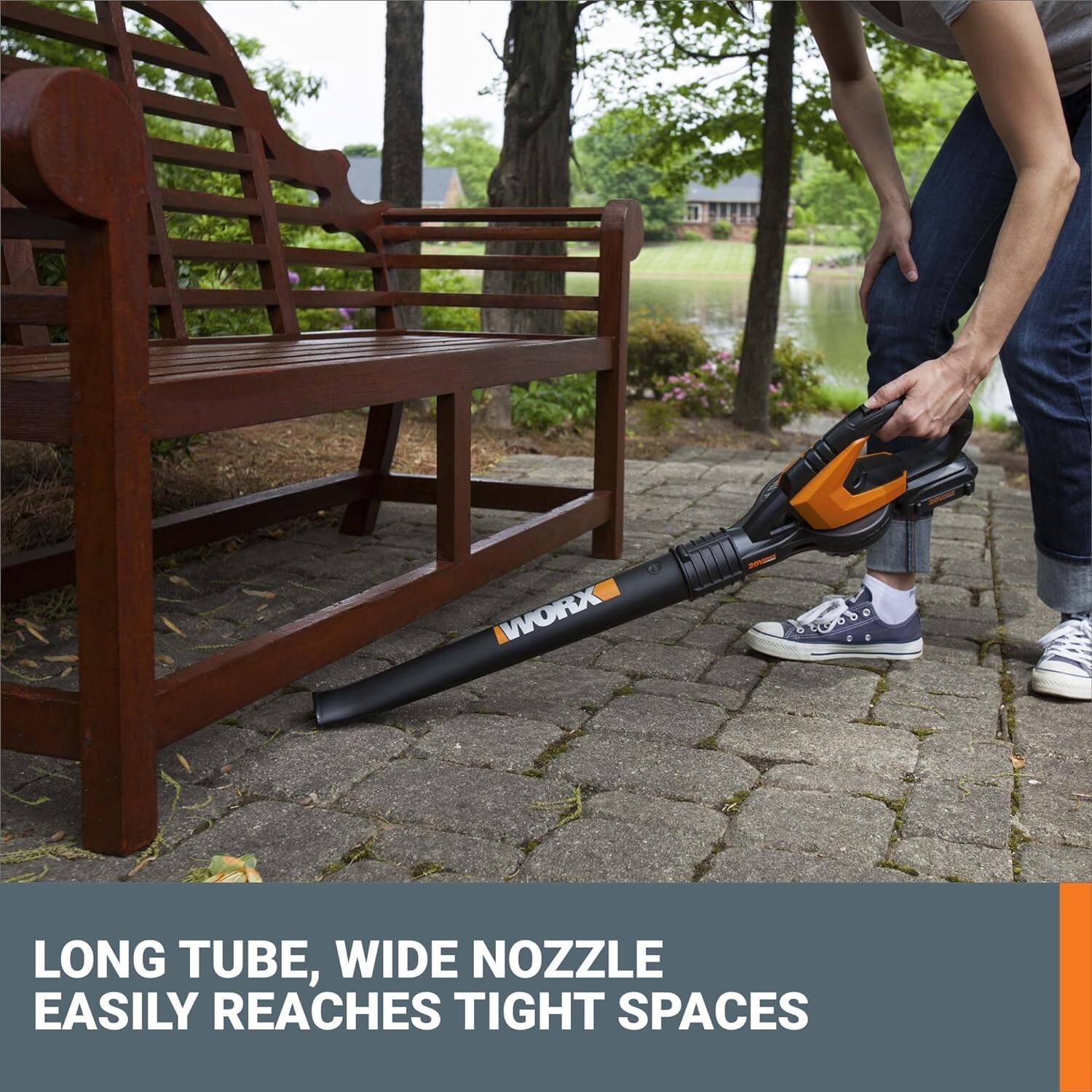 The text on the image reads "WORX LONG TUBE, WIDE NOZZLE EASILY REACHES TIGHT SPACES."