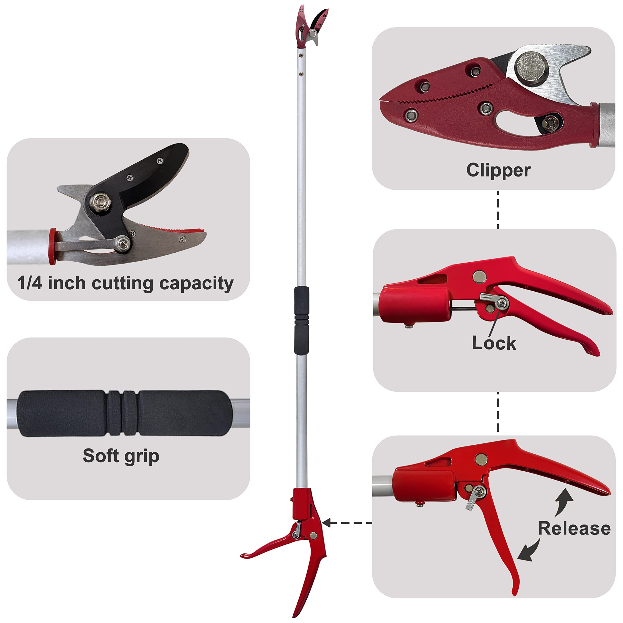 - Clipper
- 1/4 inch cutting capacity
- Soft grip
- Lock
- Release