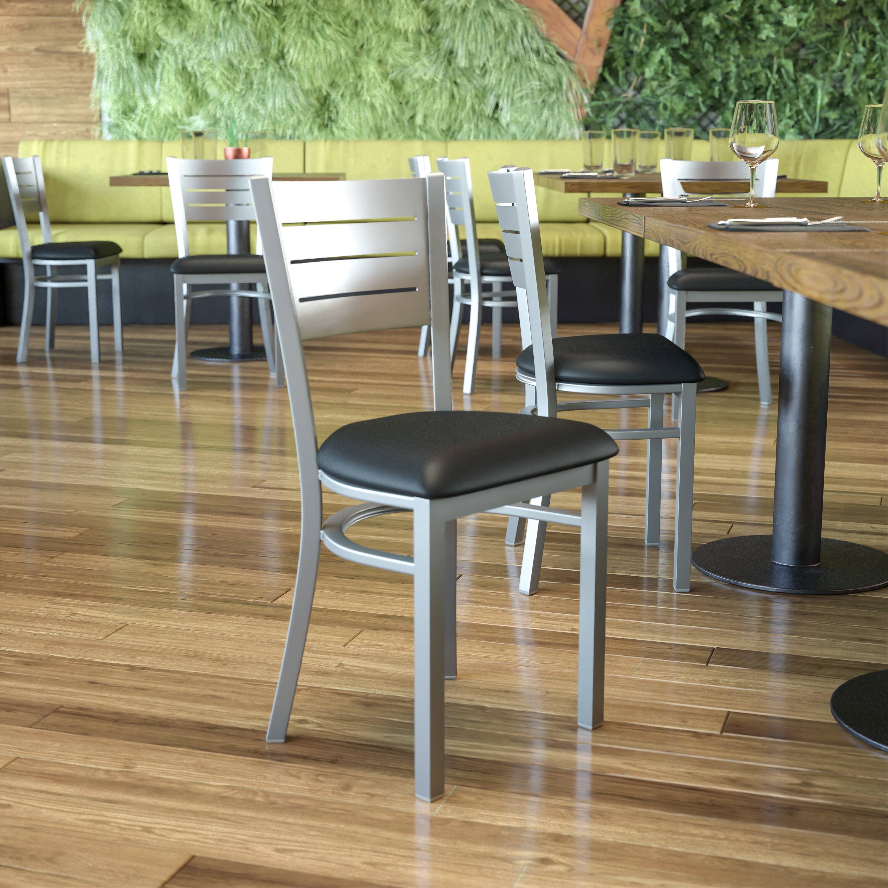 Alt View 1. Emma + Oliver - Silver Slat Back Metal Restaurant Dining Chair - Black Vinyl Seat/Silver Frame.