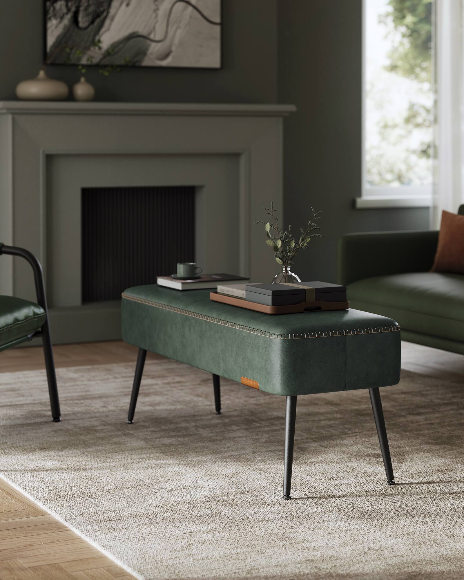 Left. Songmics Home - Bench for Entryway Bedroom, Synthetic Leather with Stitching, Ottoman Bench with Steel Legs, Living Dining Room - Forest Green.