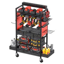 JETRANSPORT - Garage Power Tools Organizer Cart With Charging Station Black Floor Standing Rolling Drill And Storage - Red Large