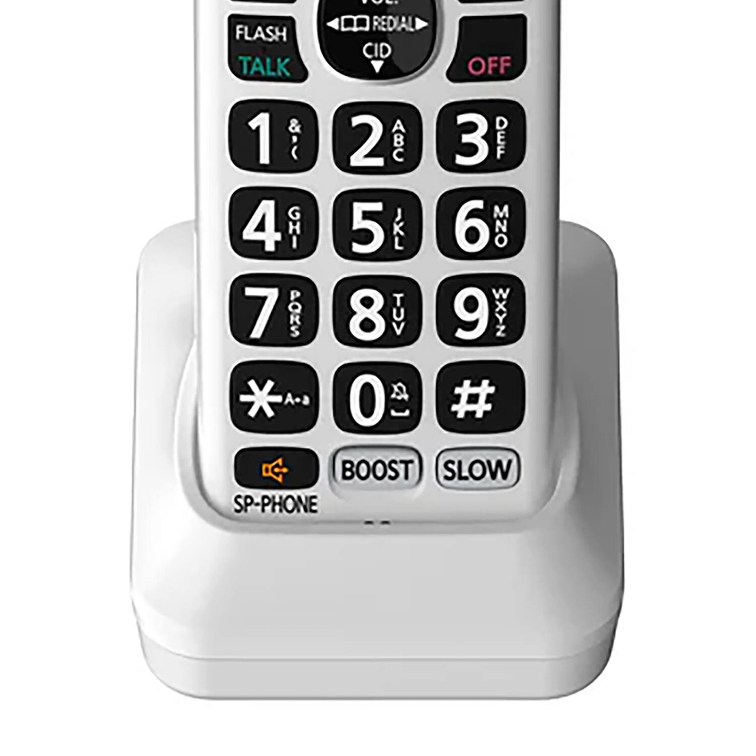 Sure, here is the corrected and grouped text from the image:

- FLASH TALK
- REDIAL
- CID
- OFF
- 1
- 2 ABC
- 3 DEF
- 4 GHI
- 5 JKL
- 6 MNO
- 7 PQRS
- 8 TUV
- 9 WXYZ
- * Aa
- 0
- #
- BOOST
- SLOW
- SP-PHONE