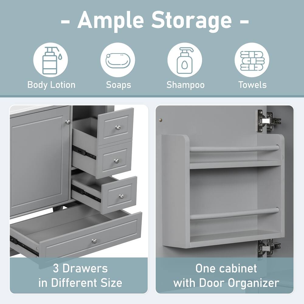 - Ample Storage -
Body Lotion
Soaps
Shampoo
Towels
3 Drawers in Different Size
One cabinet with Door Organizer