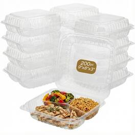 Eco Harmony Products - Hinged Container (PS) Tall, 3-compartment, 9" x 8", 200-Pack - Clear