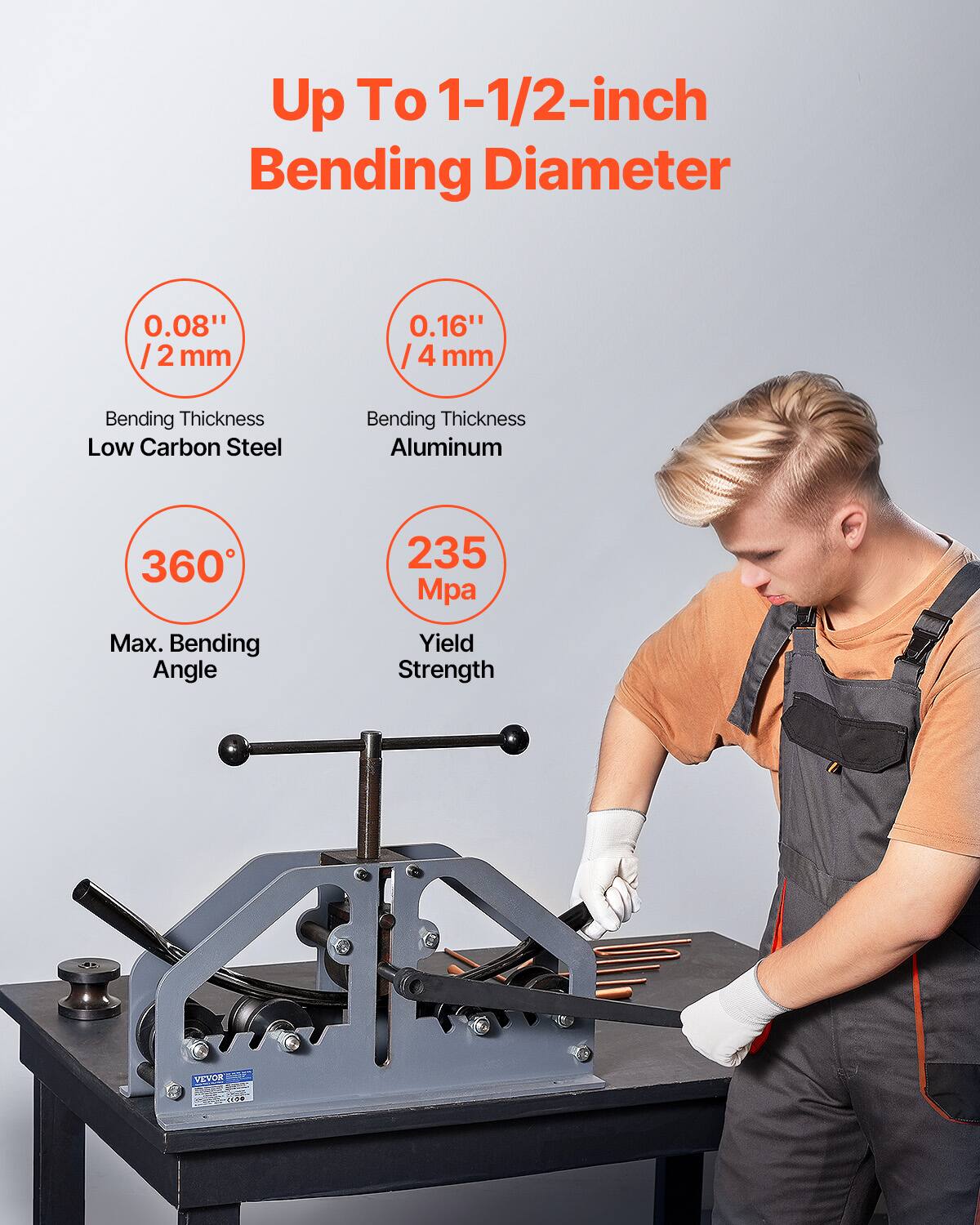 Up To 1-1/2-inch Bending Diameter

0.08" / 2 mm  
Bending Thickness  
Low Carbon Steel

0.16" / 4 mm  
Bending Thickness  
Aluminum

360°  
Max. Bending Angle

235 Mpa  
Yield Strength