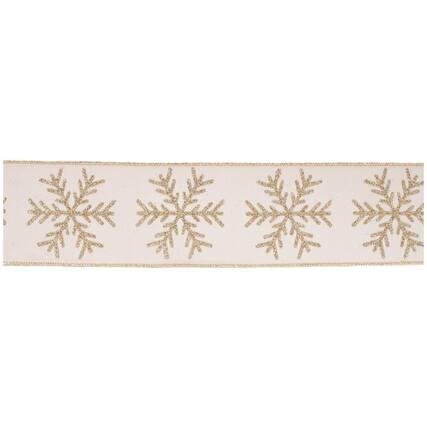 Front. BreeBe - Glittered Snowflake Wired Ribbon 4" x 5 Yds. - Beige, Gold.