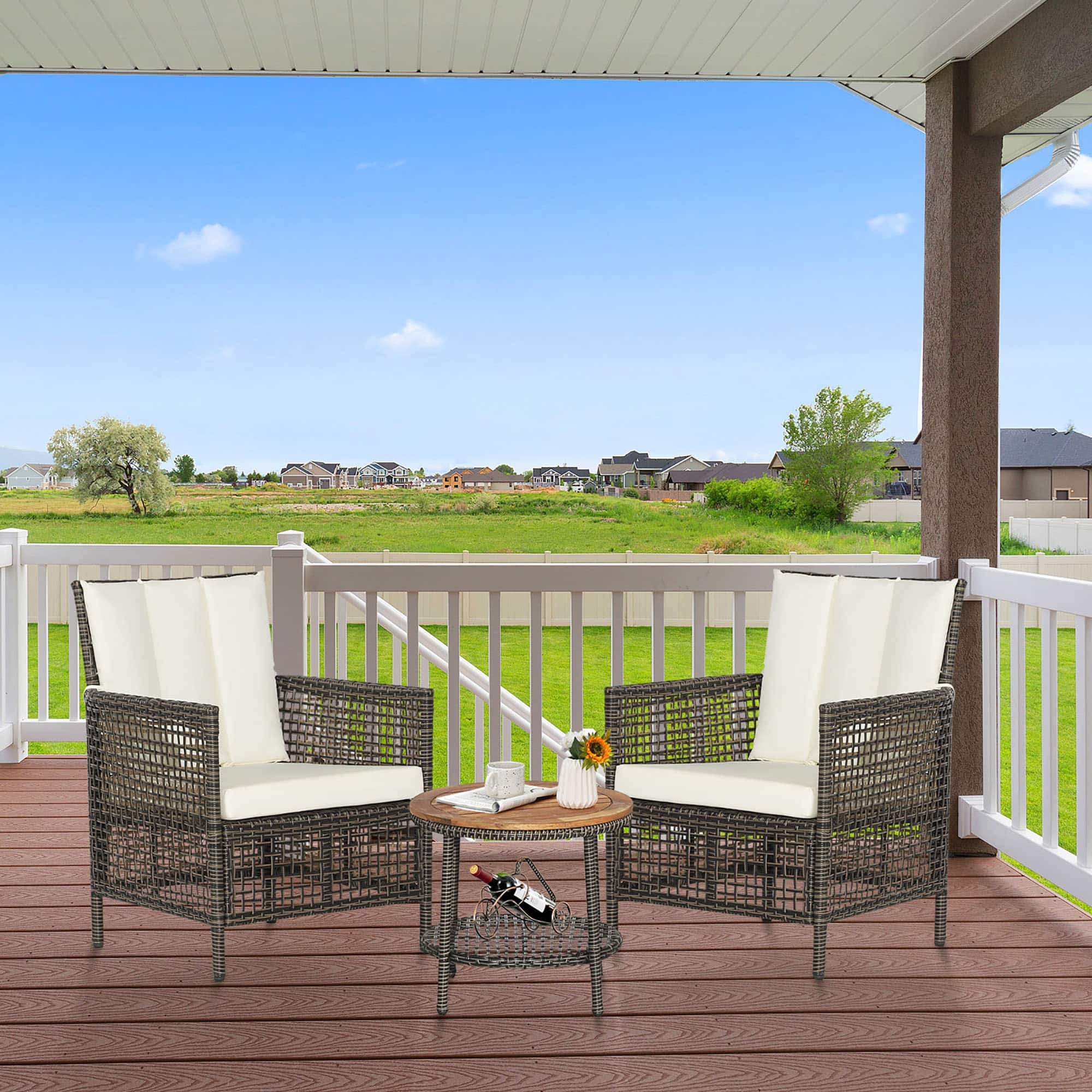 Gymax - 3PCS Patio Wicker Bistro Set Furniture Set PE Rattan Table Set w/ Cushions - Off White price history on PriceWatchPro