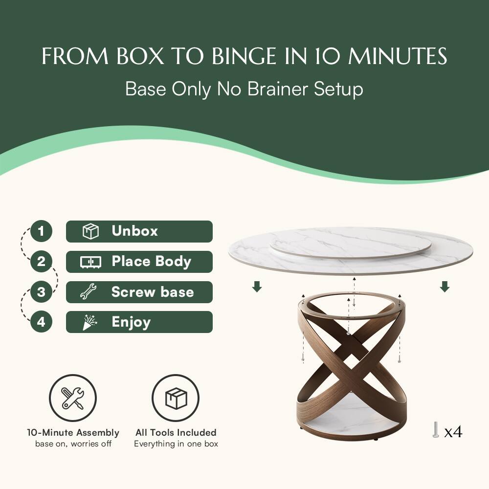 FROM BOX TO BINGE IN 10 MINUTES  
Base Only No Brainer Setup  

1. Unbox  
2. Place Body  
3. Screw base  
4. Enjoy  

10-Minute Assembly  
base on, worries off  

All Tools Included  
Everything in one box  

x4