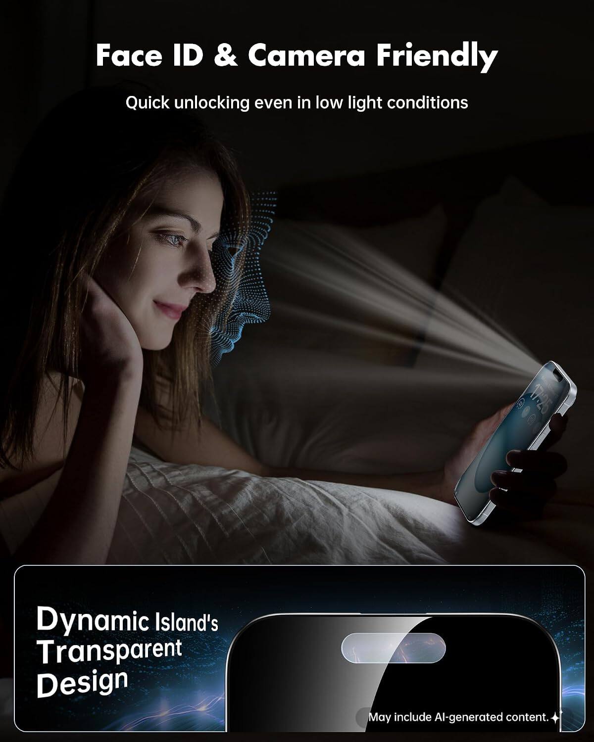 Face ID & Camera Friendly  
Quick unlocking even in low light conditions  

17:25  

Dynamic Island's Transparent Design  

May include AI-generated content.