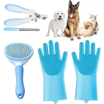Front. THIRSTY TURTLE - 3-in-1 Pet Grooming Kit, Washing & Bathing Gloves, Hair Remover Brush, and Nail Clippers for Dogs & Cats.