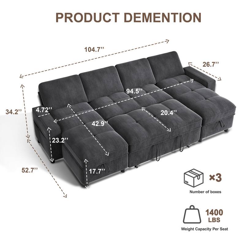 PRODUCT DIMENSION

- Length: 104.7"
- Width: 94.5"
- Height: 34.2"
- Depth: 26.7"
- Seat Height: 20.4"
- Seat Depth: 42.9"
- Armrest Height: 23.2"
- Back Height: 52.7"
- Seat Cushion Height: 17.7"
- Armrest Width: 4.72"

Number of boxes: 3

Weight Capacity Per Seat: 1400 LBS