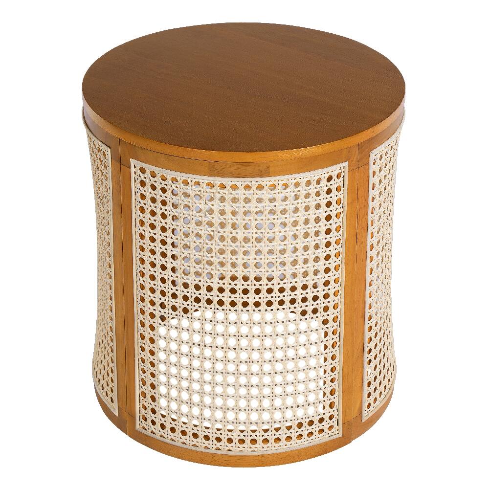 Alt View 3. Loheer - Loheer 15.7 Inch Round End Table Hollow Woven Side Table Rubber Wood Nightstand Rattan Tea Desk Ochre - Ochre.