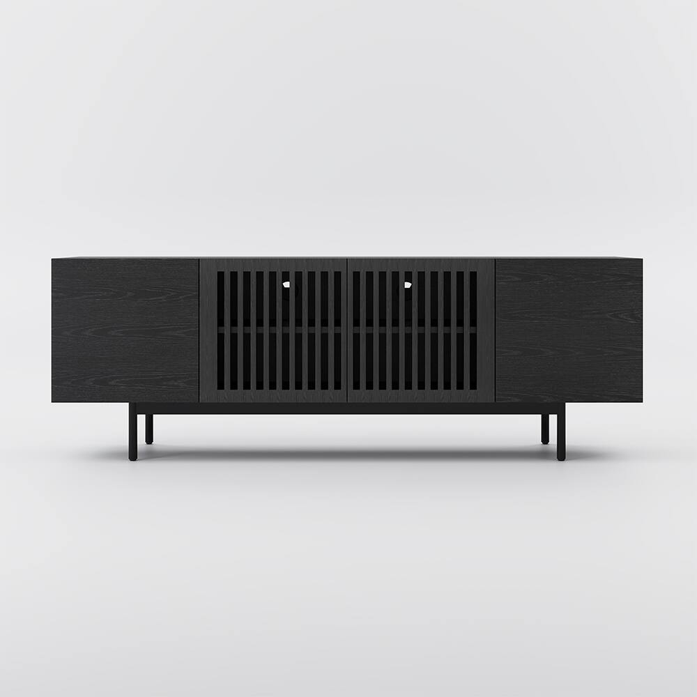 Alt View 4. POVISON - 63" Mid-Century Modern TV Stand, Minimalist Slatted Wood TV Console with Black Tall-Cast Metal Feet, Black Oak - Black.