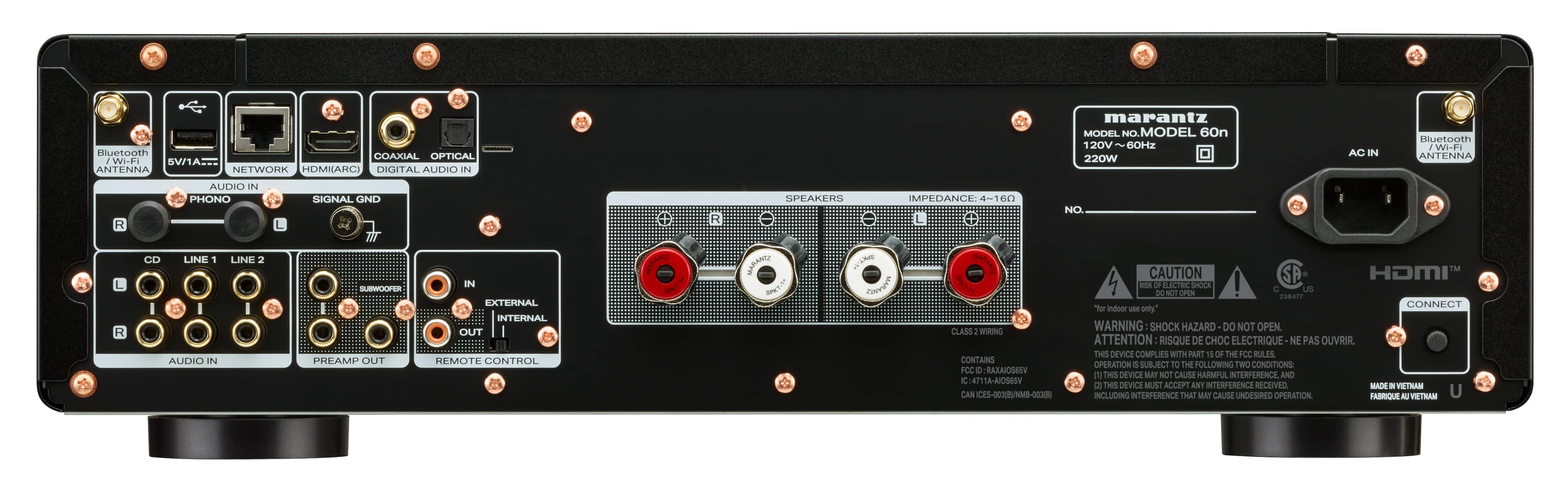 The image features a Marantz audio device with a variety of ports and connections. The device has a Bluetooth antenna, a coaxial port, an optical port, and a phono input. It also has a speaker output, a line input, and a line output. Additionally, there is a remote control port and a grounding port. The device is designed for indoor use only and has a shock hazard warning. The image also contains a cautionary message about not opening the device, as it may cause harmful interference.