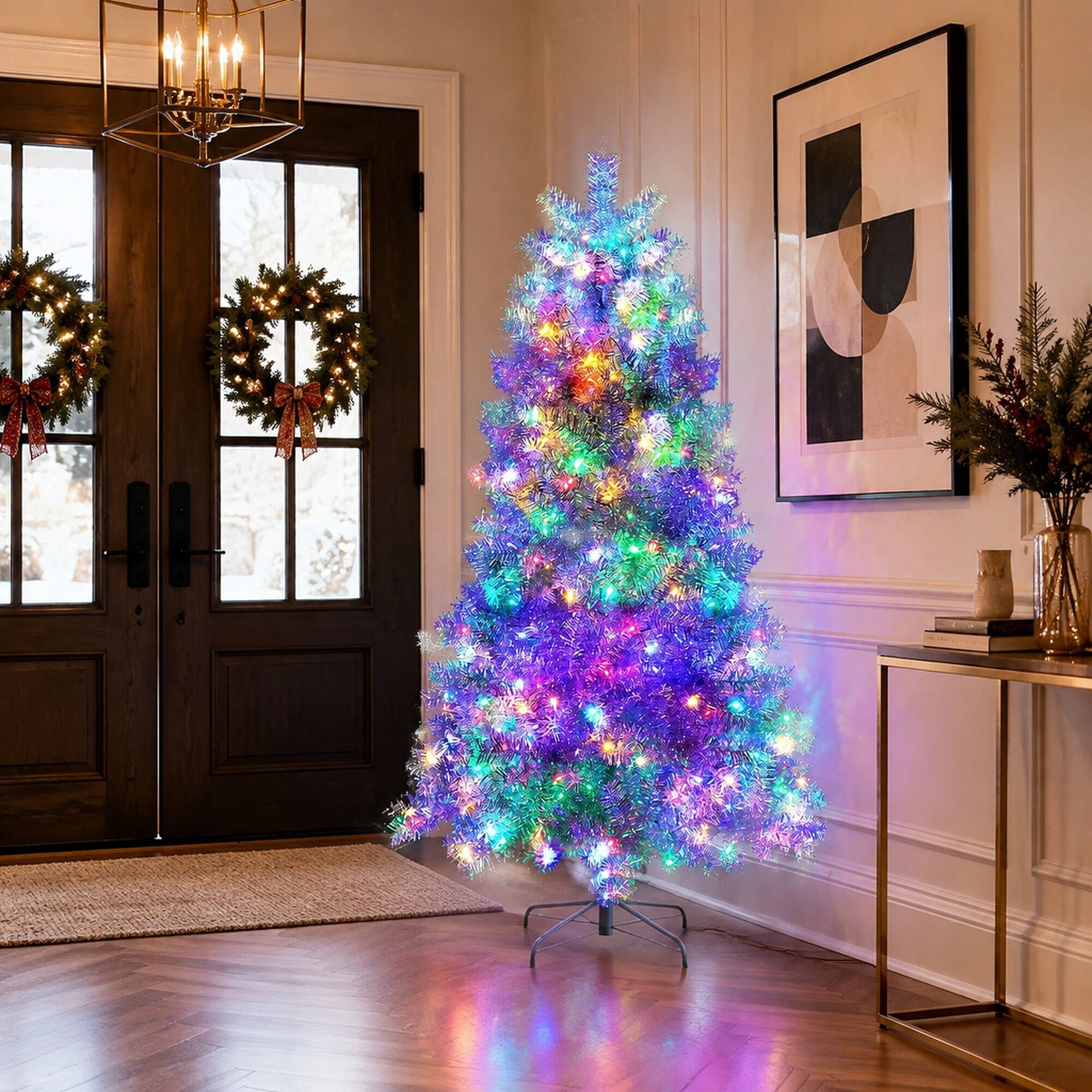 Alt View 2. RYHNUYNE - 6FT Silver Pre-Lit Artificial Christmas Tree, 800 Branch Tips 300 LED Lights 11 Lighting Modes Hinged Metal Stand - Silver.
