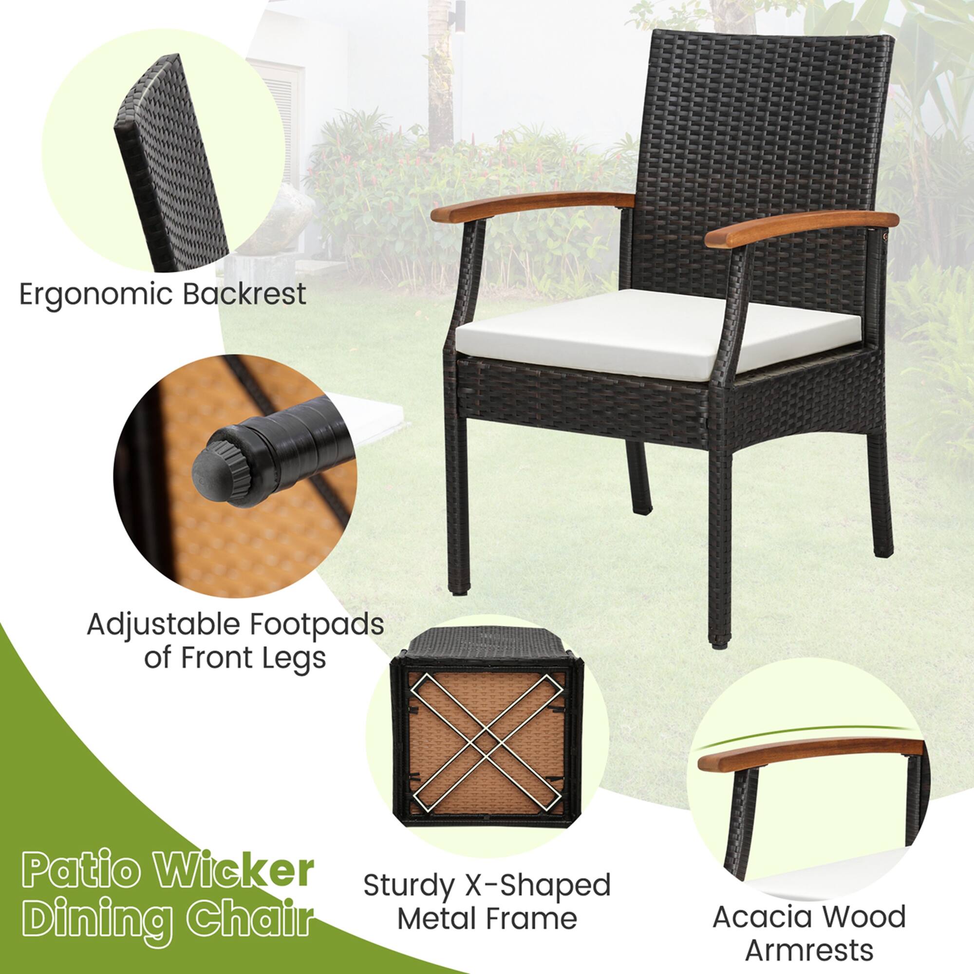 The text on the image is grouped and corrected as follows:

1. Ergonomic Backrest
2. Adjustable Footpads of Front Legs
3. Patio Wicker Dining Chair
4. Sturdy X-Shaped Metal Frame
5. Acacia Wood Armrests