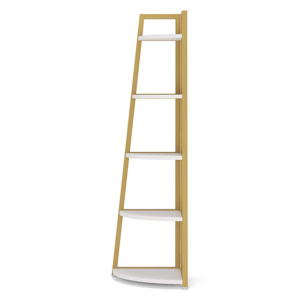 Kadyn - Bookshelf, Storage Shelf, Bookcase,5-Tier Corner Shelf, 70" Tall Corner Ladder Shelf Small Bookshelf - Gold & White