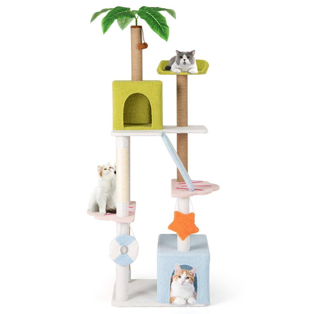 Alt View 2. Kadyn - Cat Scratching Tower,Cat Tree, 71 Inch Cat Tree Multi-Level Aesthetic Beach-Themed Kitten Tower-Colorful - White.