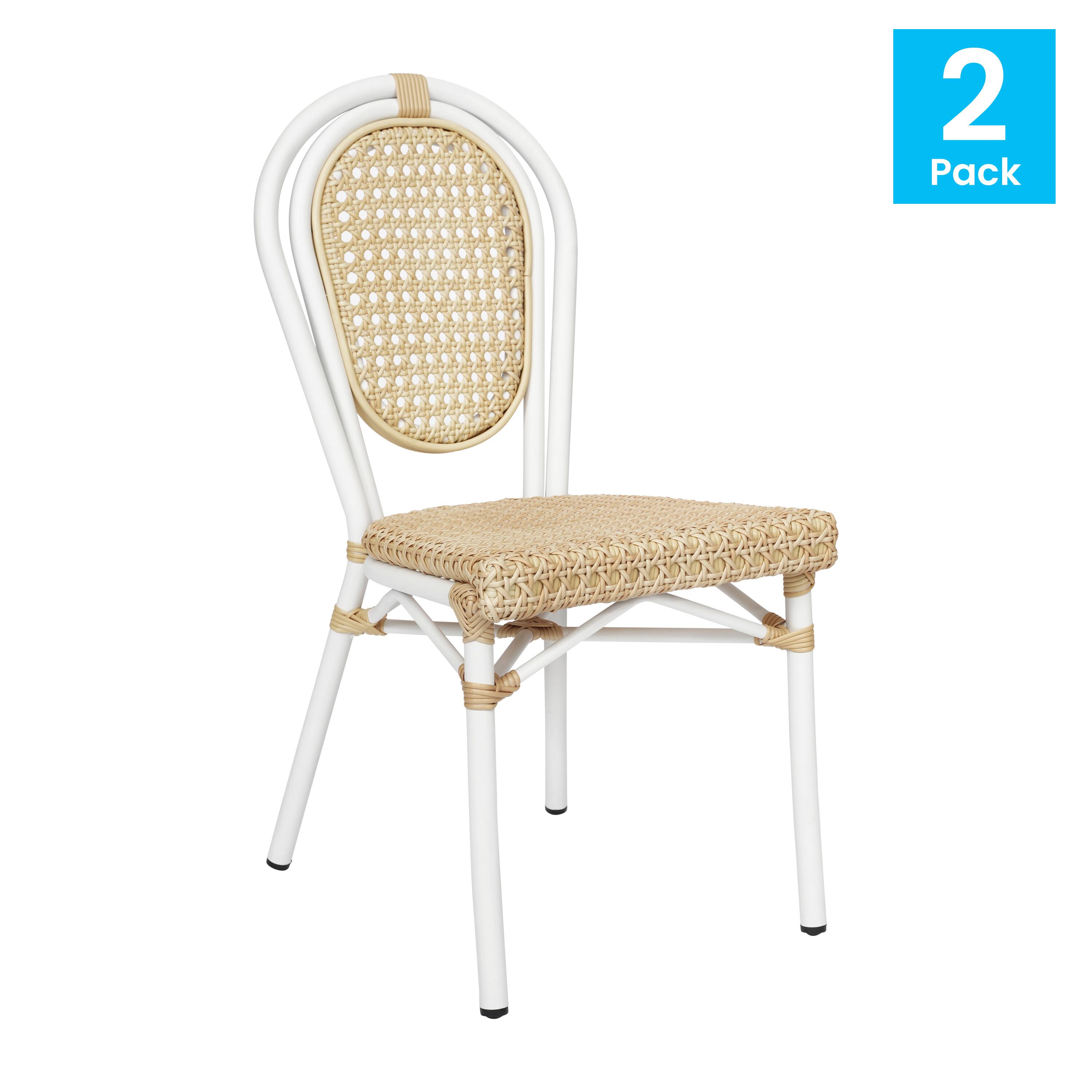 Alt View 1. Emma + Oliver - Reims Set of Two Indoor/Outdoor Stacking Thonet Bistro Style Chairs with PE Cane Rattan Seat and Metal Frame - Natural/White Frame.