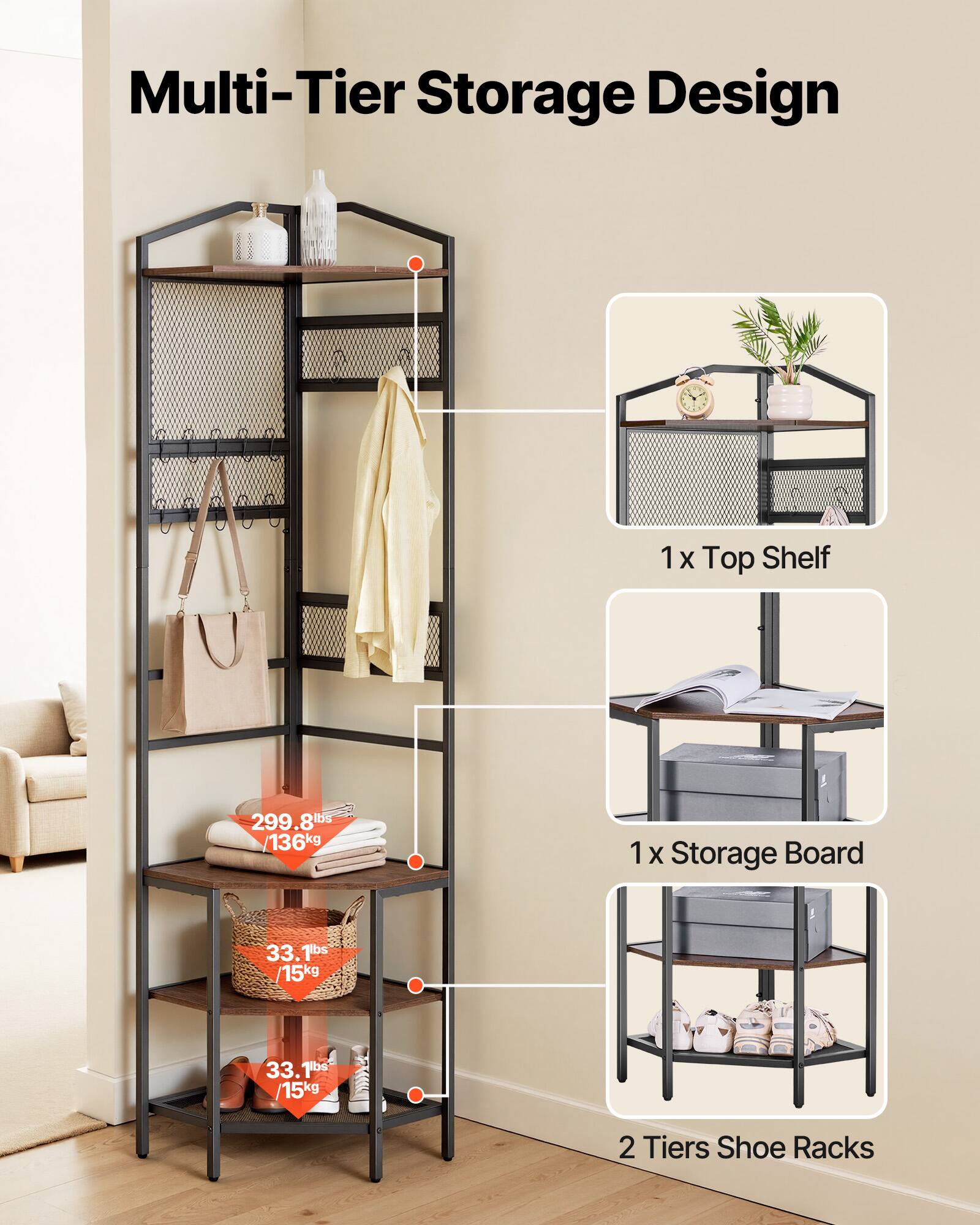 Multi-Tier Storage Design

1 X Top Shelf  
299.8lbs / 136kg

1 X Storage Board  
33.1lbs / 15kg

2 Tiers Shoe Racks  
33.1lbs / 15kg