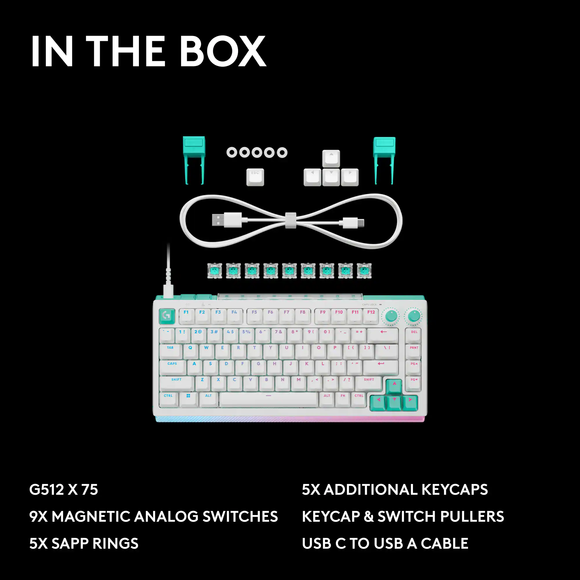 IN THE BOX

- G512 X 75
- 9X MAGNETIC ANALOG SWITCHES
- 5X SAPP RINGS
- 5X ADDITIONAL KEYCAPS
- KEYCAP & SWITCH PULLERS
- USB C TO USB A CABLE