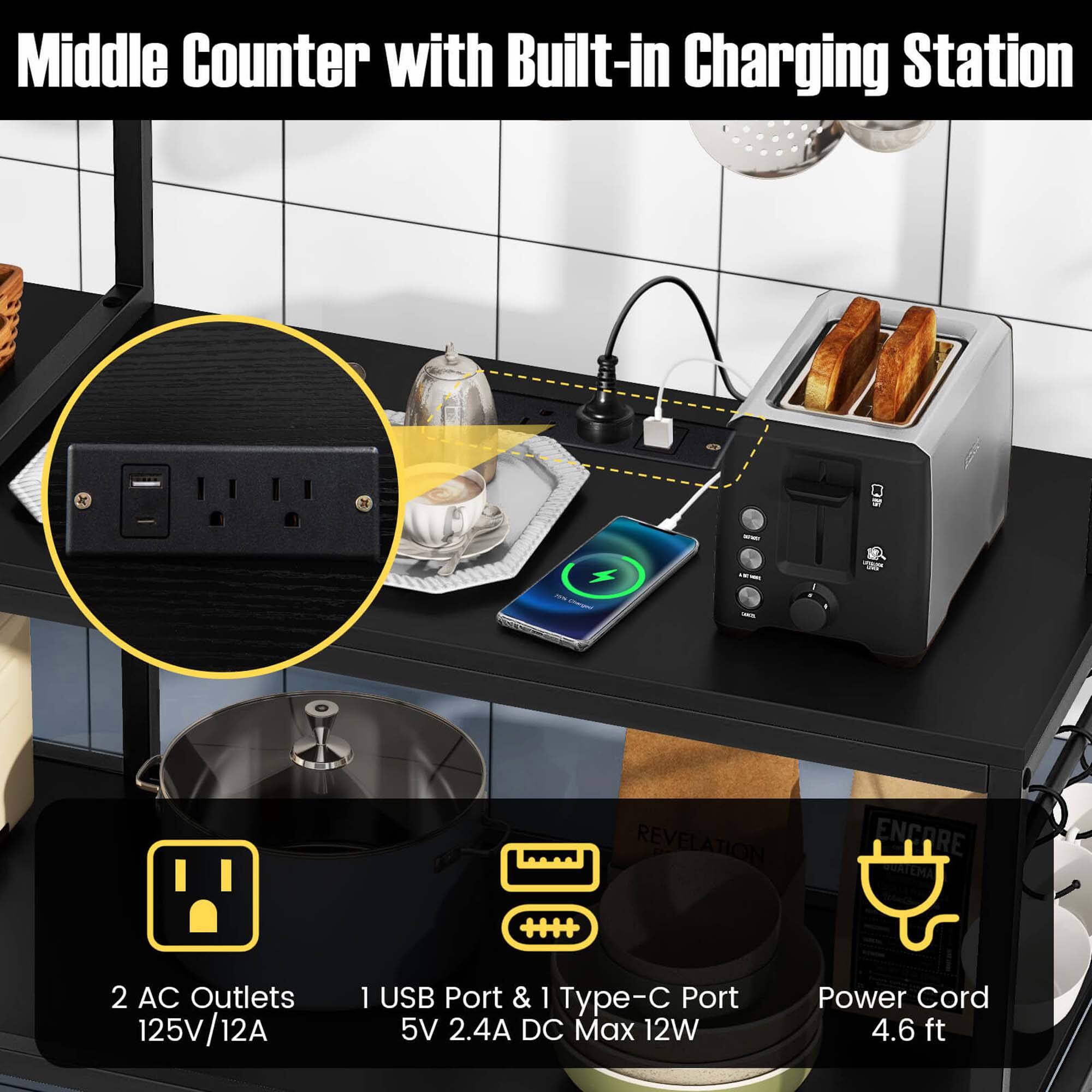 Middle Counter with Built-in Charging Station

2 AC Outlets 125V/12A
1 USB Port & 1 Type-C Port 5V 2.4A DC Max 12W
Power Cord 4.6 ft