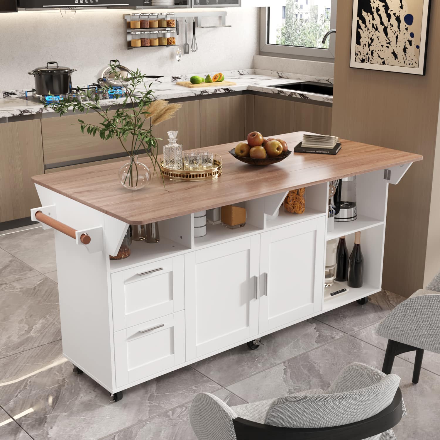 FUFU & GAGA - Rolling Buffet Sideboard Cabinet with Expandable Countertop, Storage Shelves and Drawers for Kitchen and Dining Room - White & Wooden