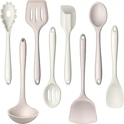 Front. RTMB - Eight pieces of kitchen utensils, including a silicone spatula, ladle, heat-resistant - Khaki White.